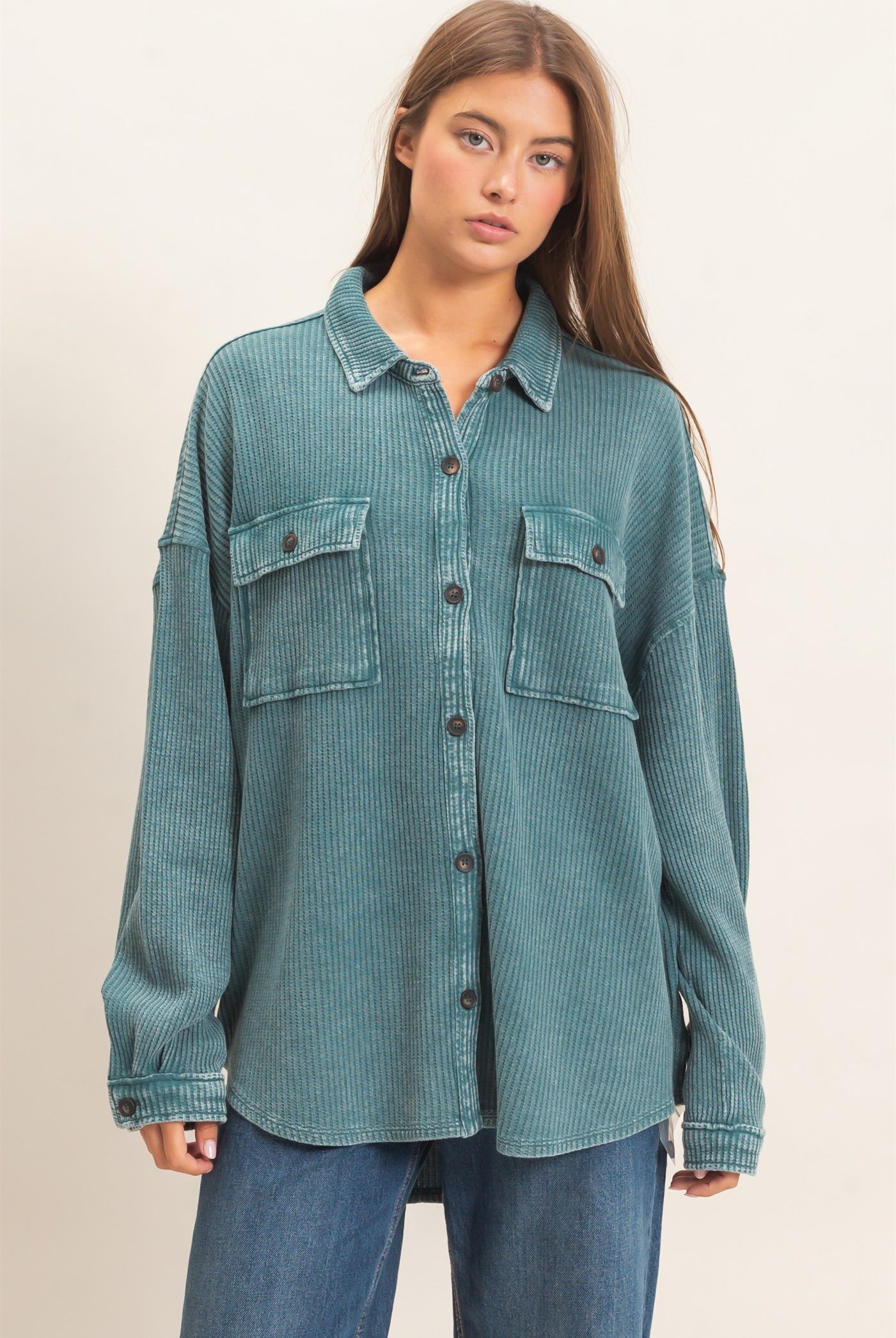 Wholesale Mineral Wash Waffle Knit Button-Up Shacket Coats & Jackets DZ26E249 DARK TEAL DOUBLE ZERO