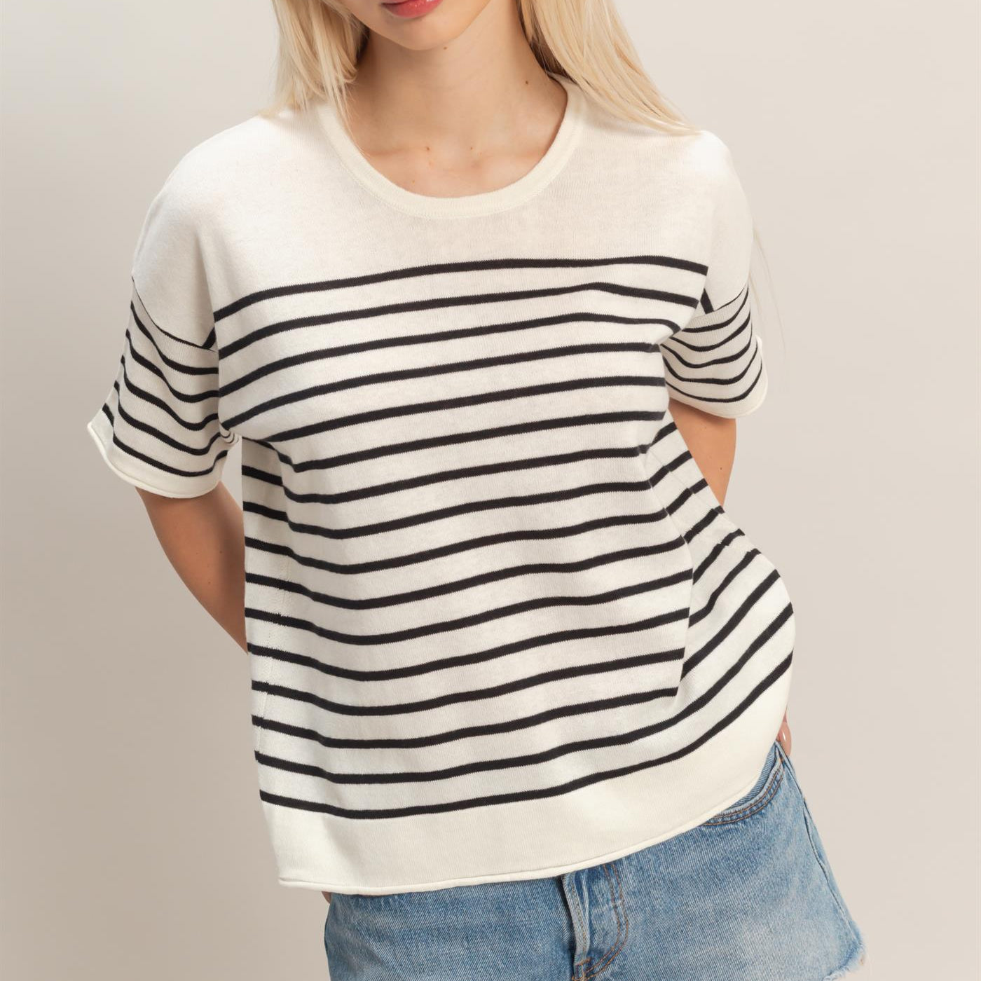 Wholesale Striped Short Sleeve Knit Top Clothing Tops DZ26A838 BLACK DOUBLE ZERO