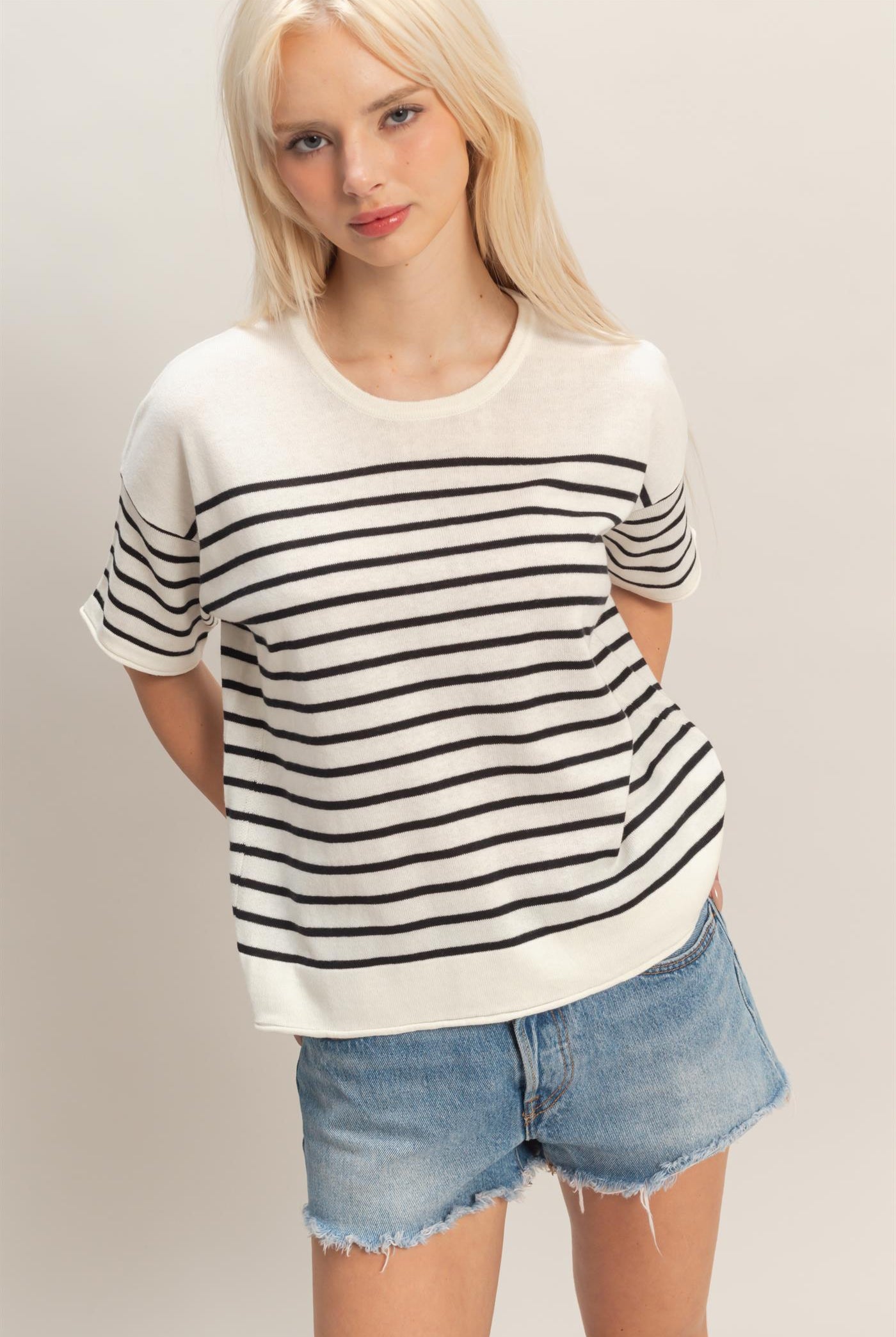 Wholesale Striped Short Sleeve Knit Top Clothing Tops DZ26A838 BLACK DOUBLE ZERO