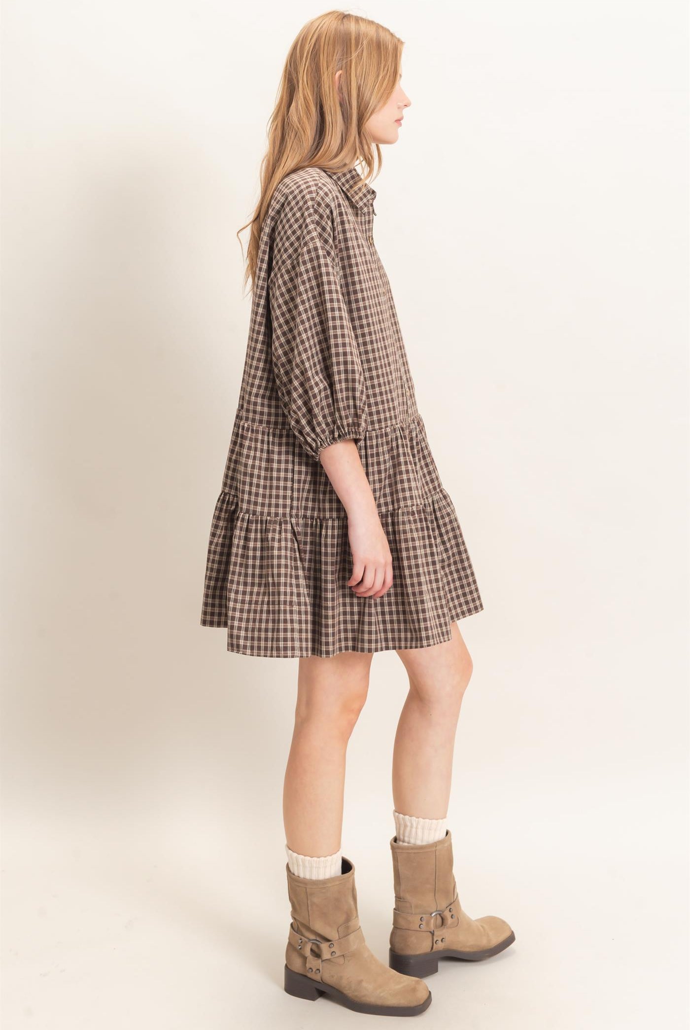 Wholesale Plaid Button-Down Tiered Dress Dresses HF26E795 BROWN HYFVE