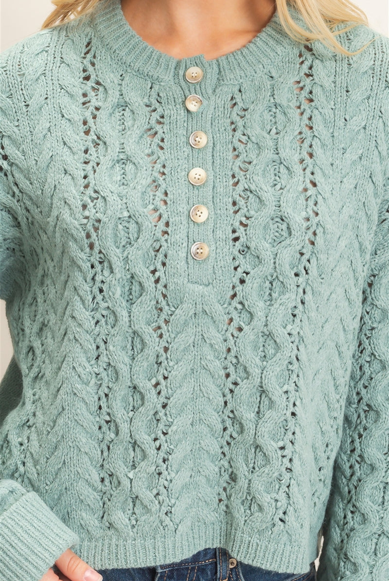 Wholesale Cable Knit Henley Sweaters HF26E552 CALMING GREEN HYFVE