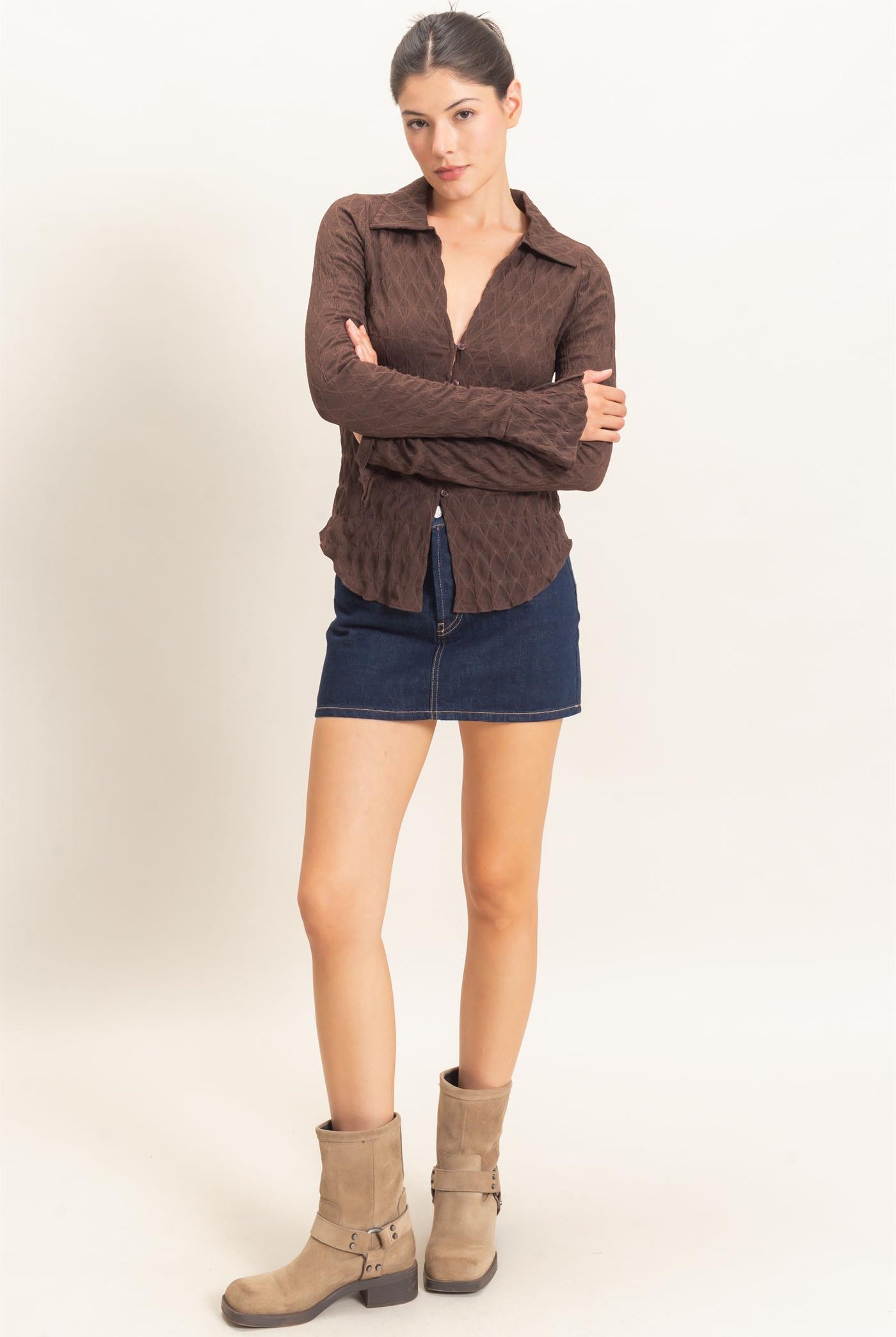 Wholesale Textured Button-Up Collared Top Shirts HF26E062 CHESTNUT HYFVE