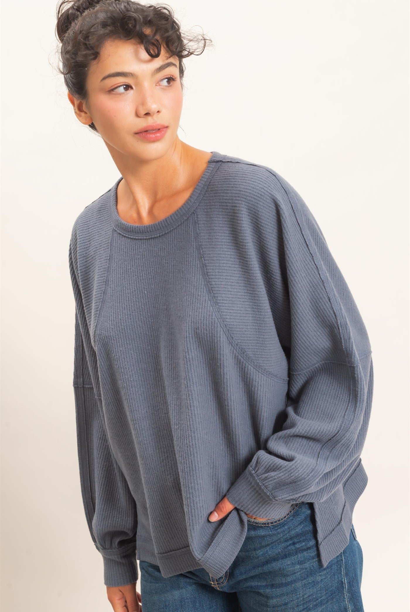 Wholesale Brushed Waffle Long Sleeve Top Clothing Tops DZ26F312 DARK GRAY DOUBLE ZERO