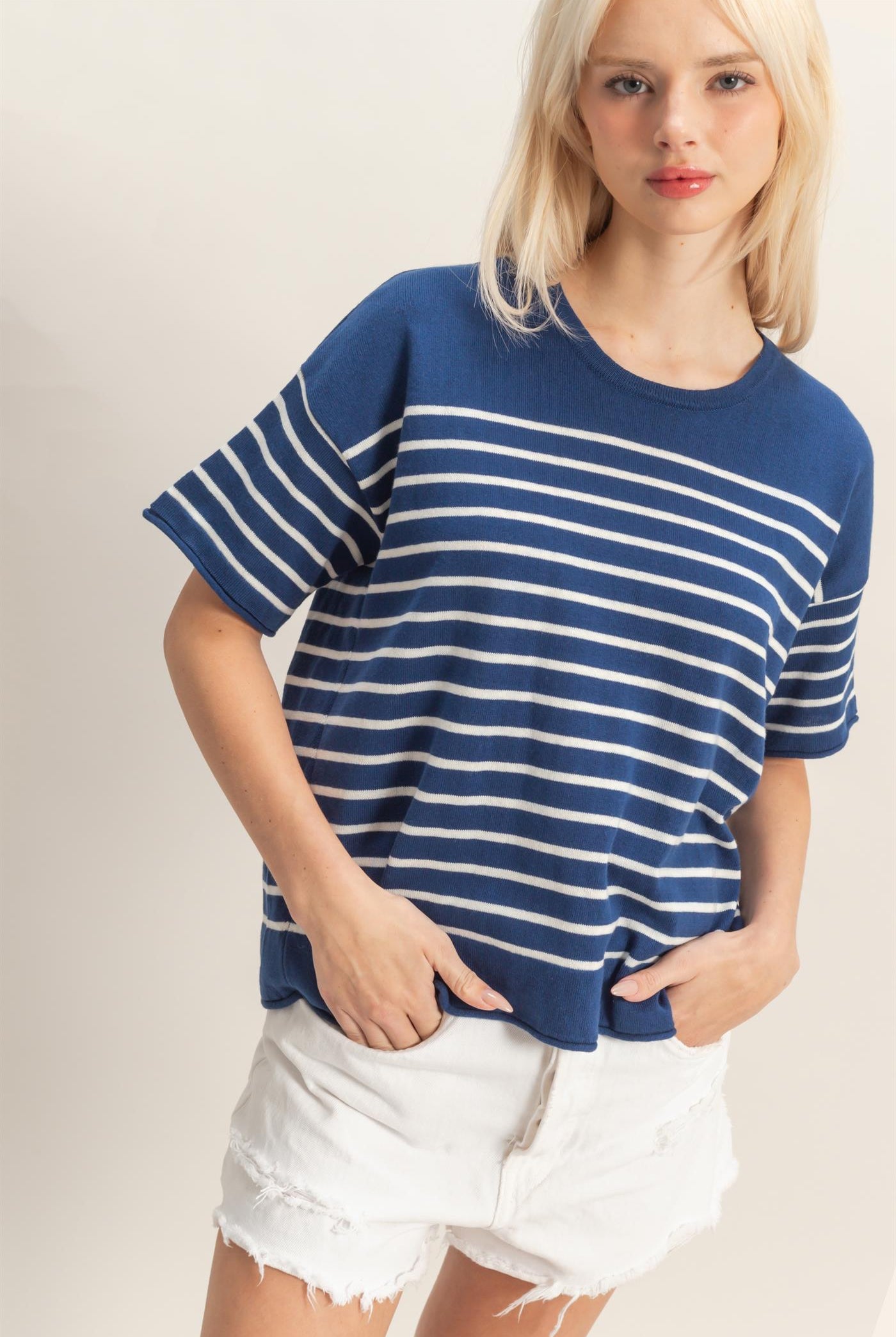 Wholesale Striped Short Sleeve Knit Top Clothing Tops DZ26A838 NAVY DOUBLE ZERO