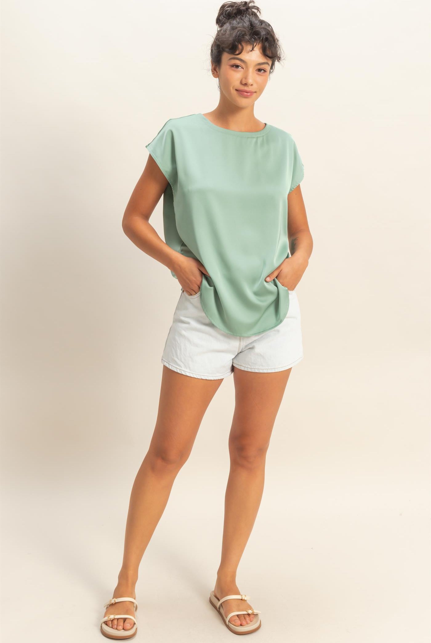 Wholesale Satin Dolman Sleeve Round Neck Blouse Clothing Tops DZ26C181 SAGE GREEN DOUBLE ZERO