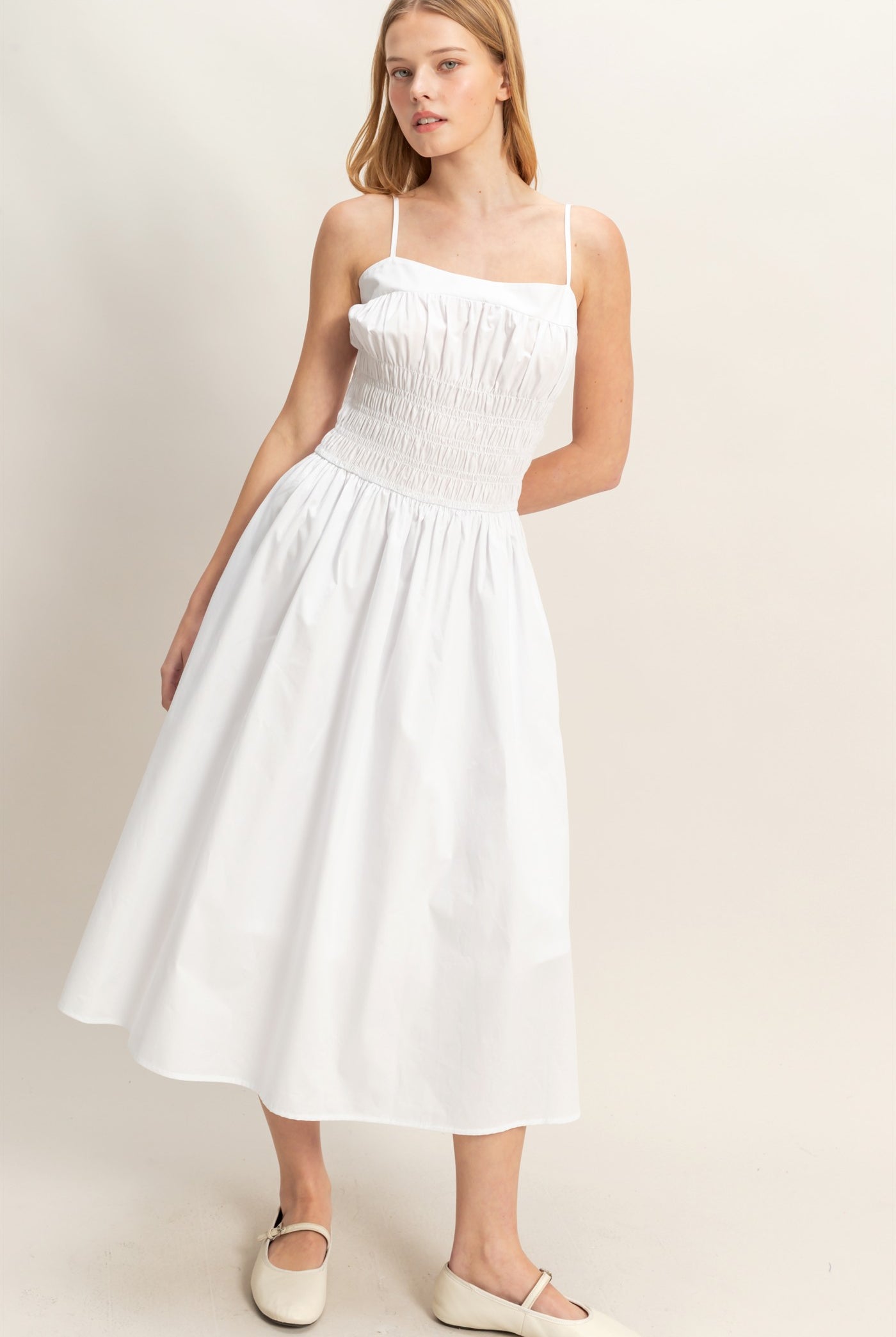 Wholesale Smocked Strapped Midi Dress Dresses HF26A624 WHITE HYFVE