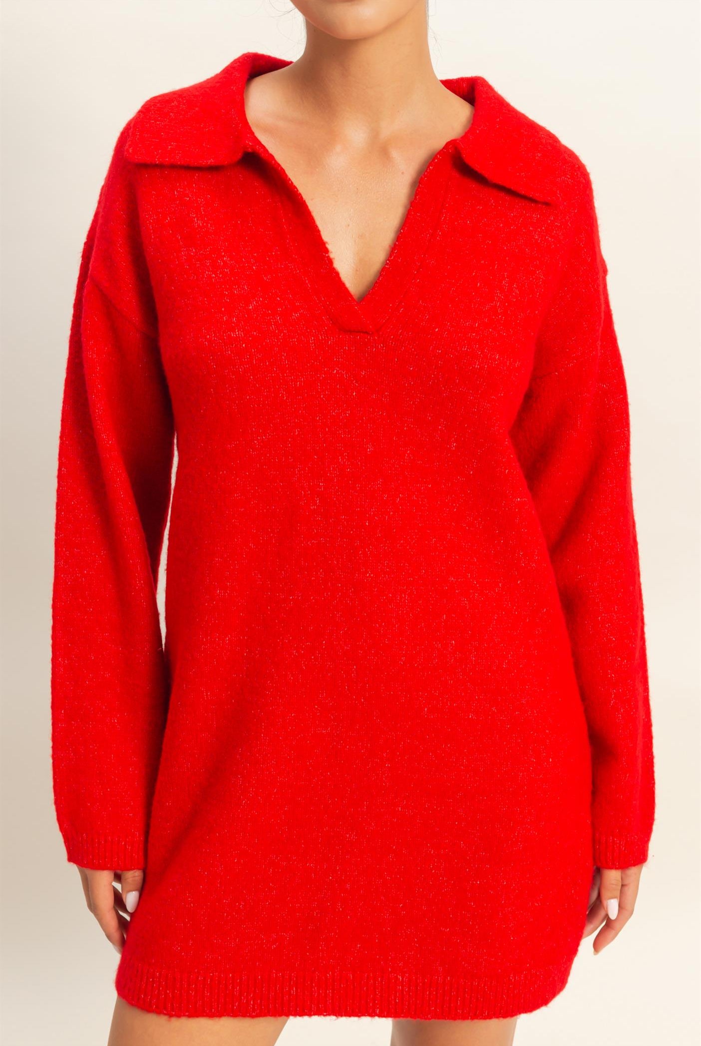 Wholesale Sophisticated Polo Long Sleeve Sweater Dress Dresses DZ25E838 RED DOUBLE ZERO