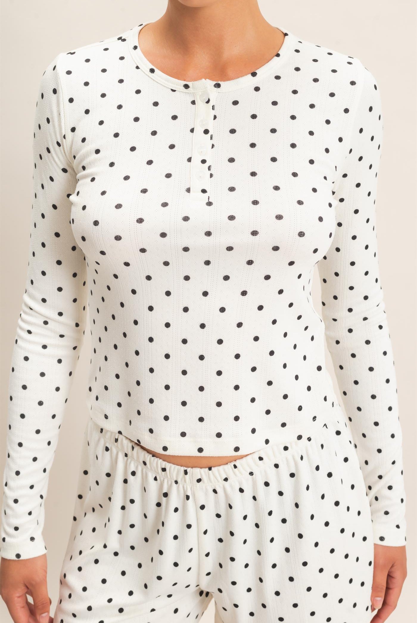Wholesale Polka Dot Henley Long Sleeve Top & Shorts Set Clothing DZ27A154-SET CREAM DOUBLE ZERO