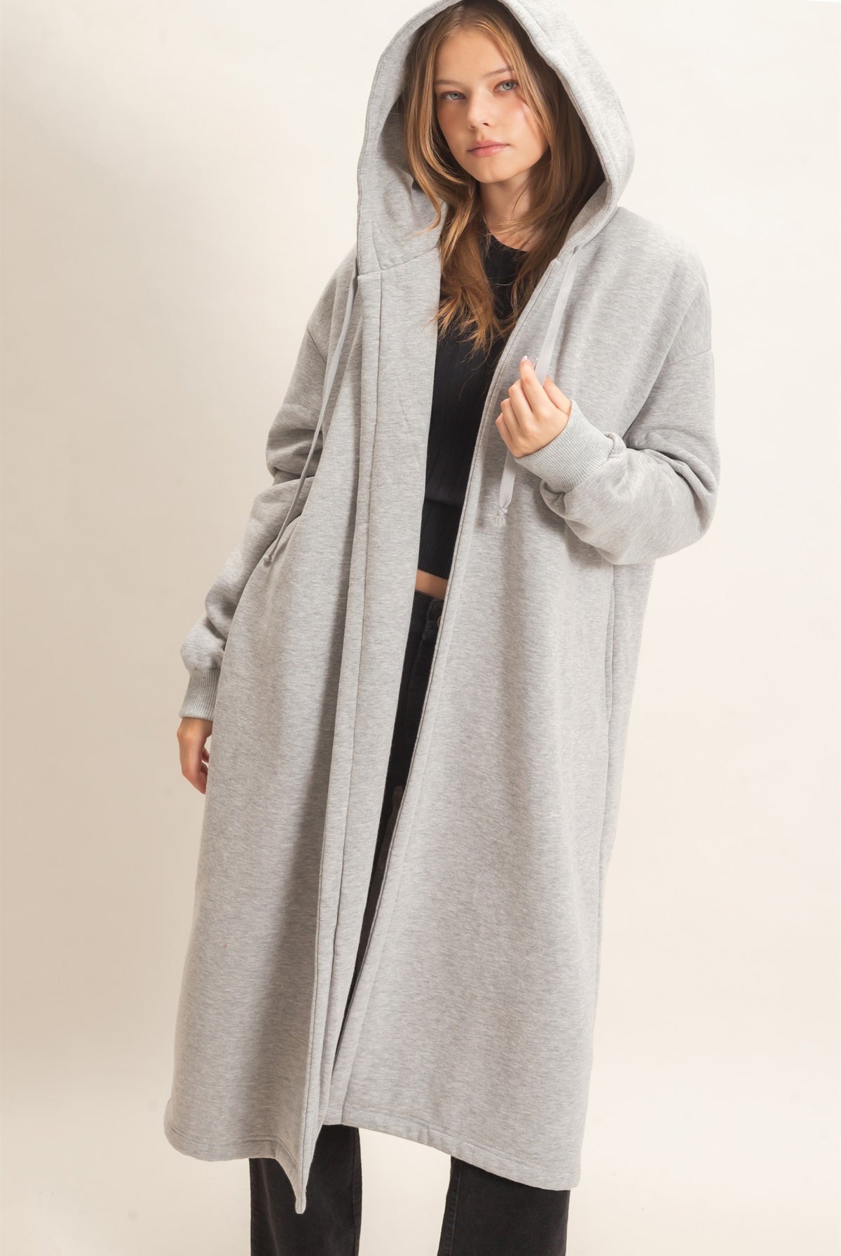 Wholesale Oversized Hooded Open Front Coat Coats & Jackets HF26F142-D H.GRAY HYFVE