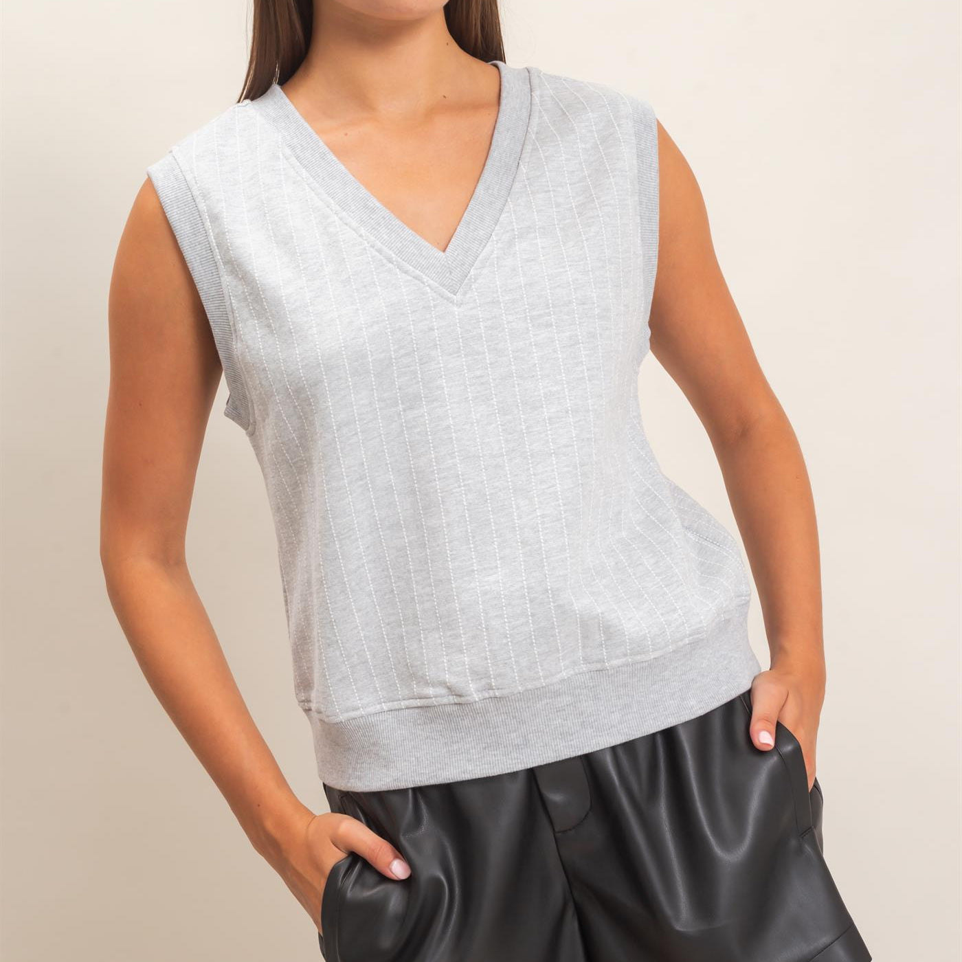 Wholesale V-Neck Pinstripe Sleeveless Top Clothing Tops DZ26E626 HEATHER GRAY DOUBLE ZERO