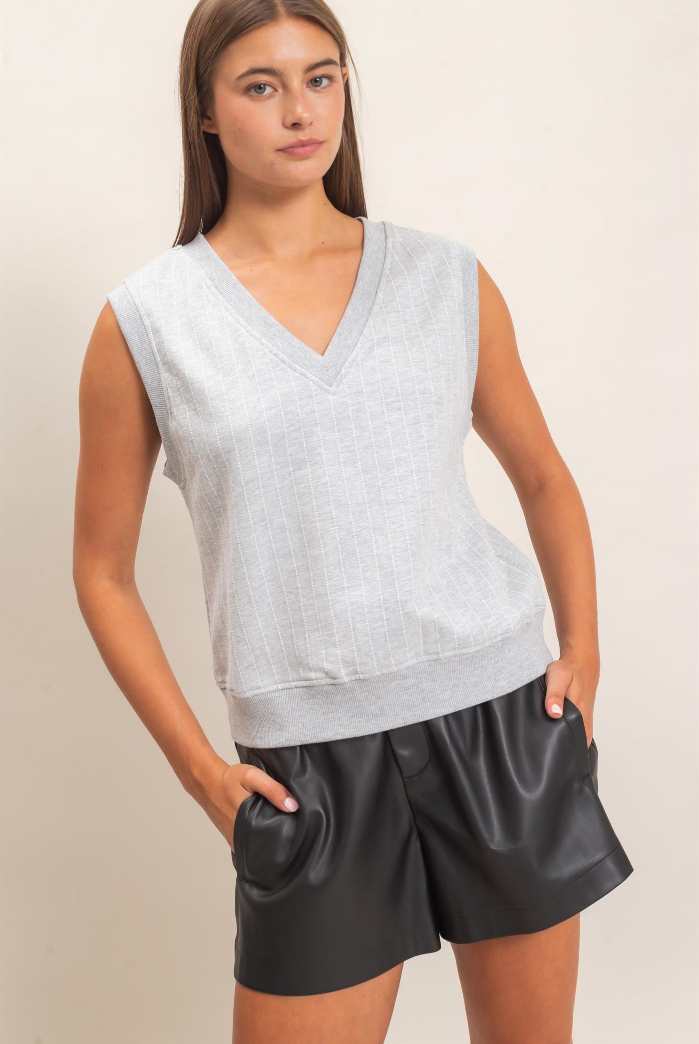 Wholesale V-Neck Pinstripe Sleeveless Top Clothing Tops DZ26E626 HEATHER GRAY DOUBLE ZERO