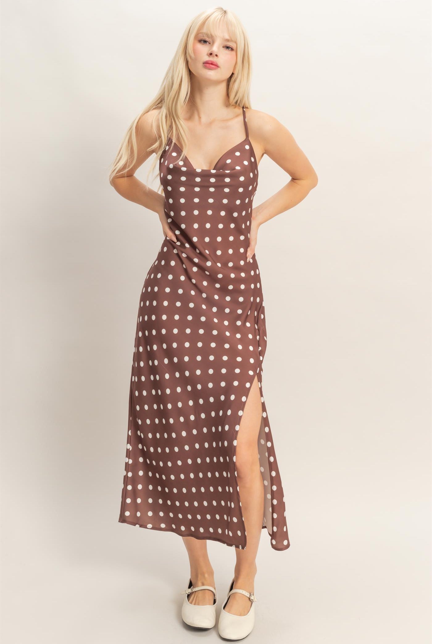 Wholesale Polka Dot Spaghetti Strap Cowl Neck Midi Dress Dresses DZ26C049 CHOCOLATE DOUBLE ZERO