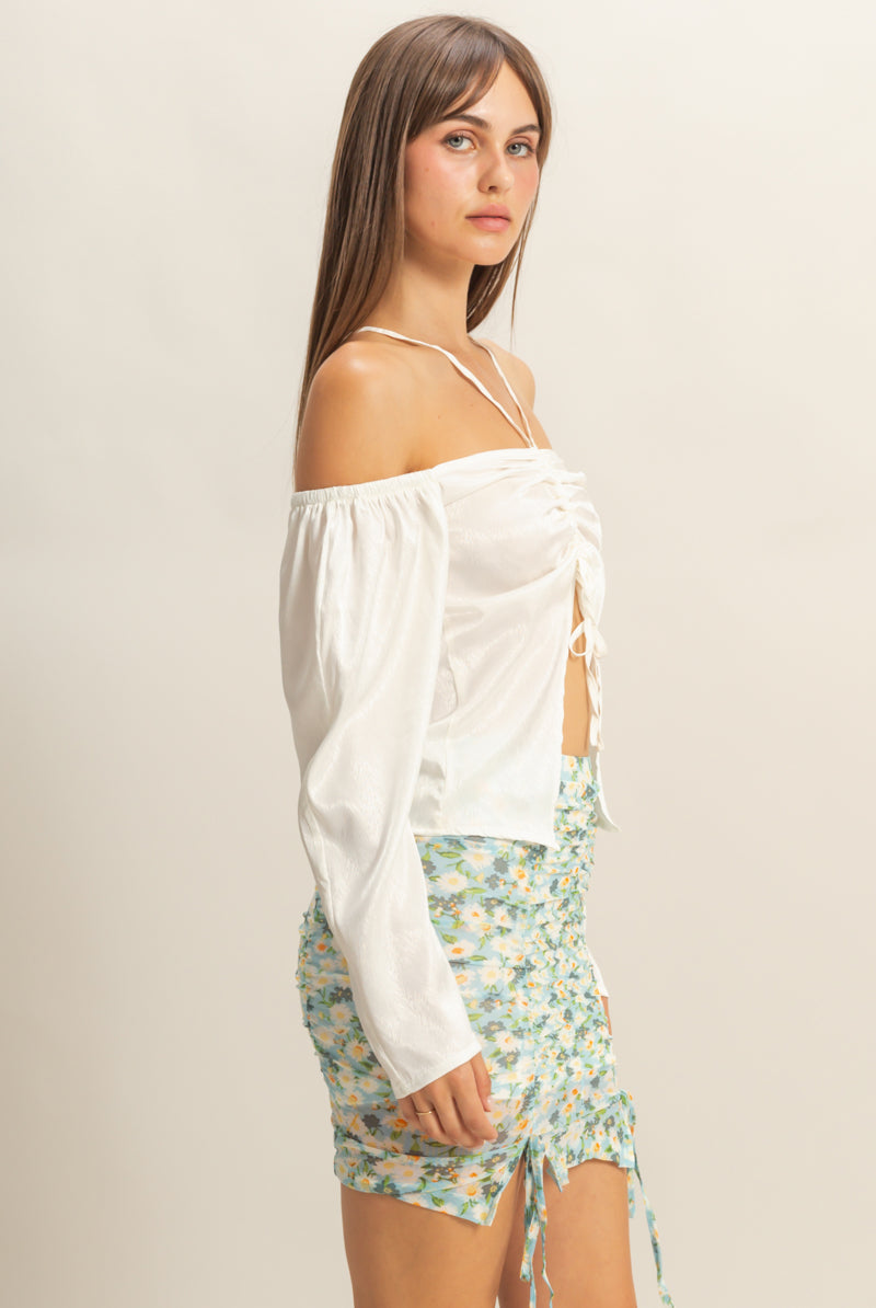 Wholesale Tie-Front Off-Shoulder Blouse Clothing Tops FS22E859 WHITE HYFVE