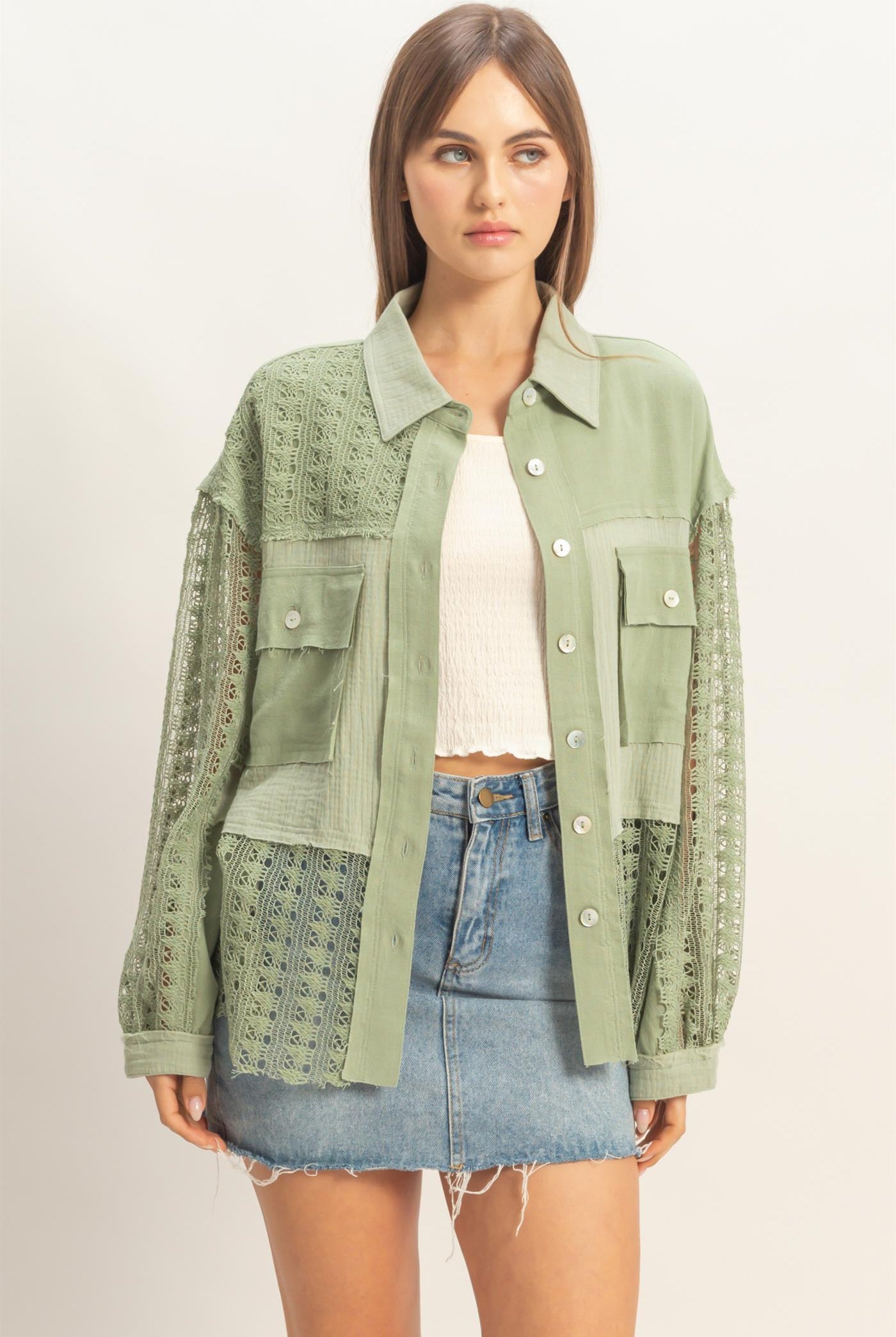 Wholesale Lace Panel Button-Up Shirt Shirts HF26C315 LIGHT OLIVE HYFVE