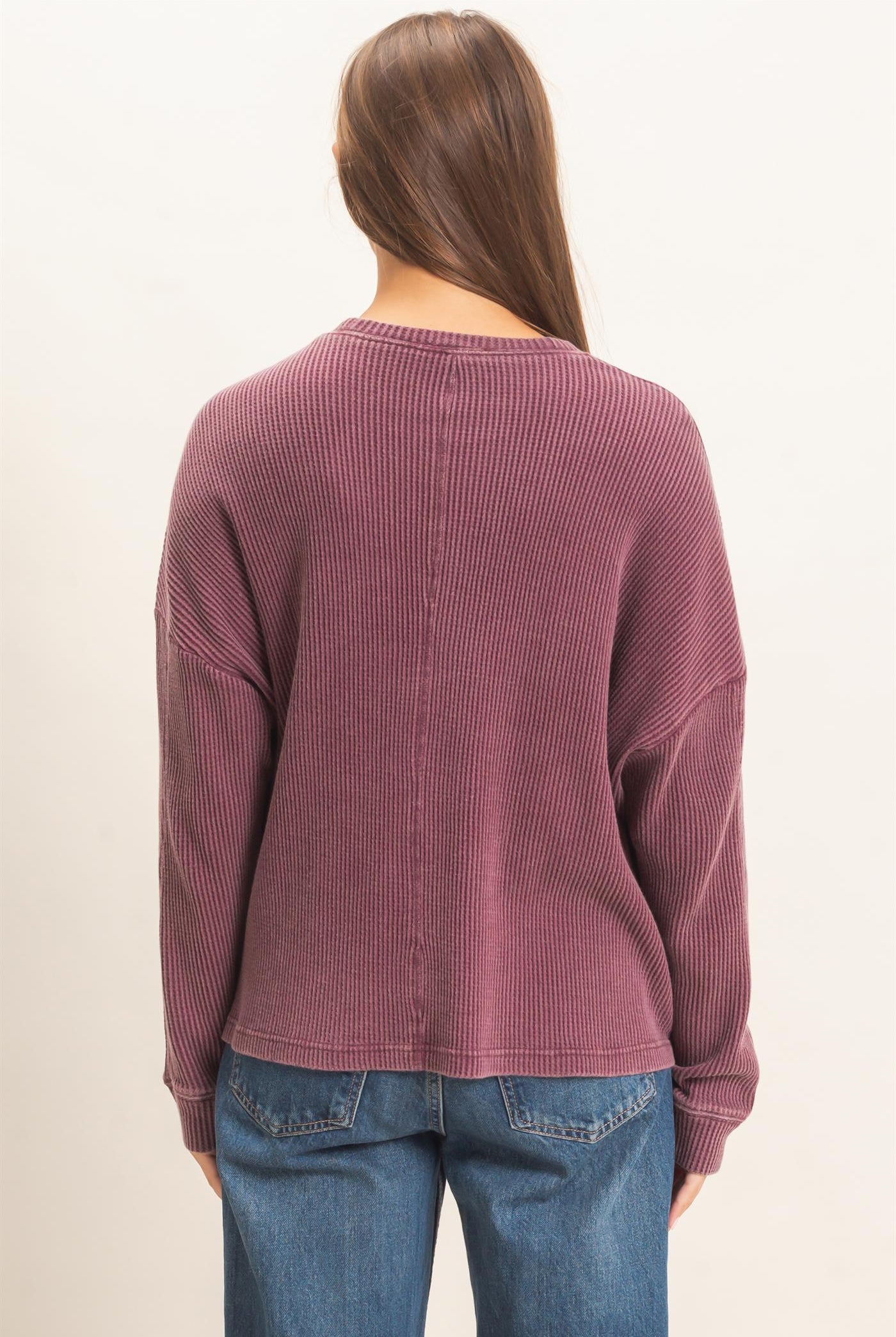 Wholesale Mineral Wash Waffle Long Sleeve Top Clothing Tops DZ26F242 DARK CHERRY DOUBLE ZERO