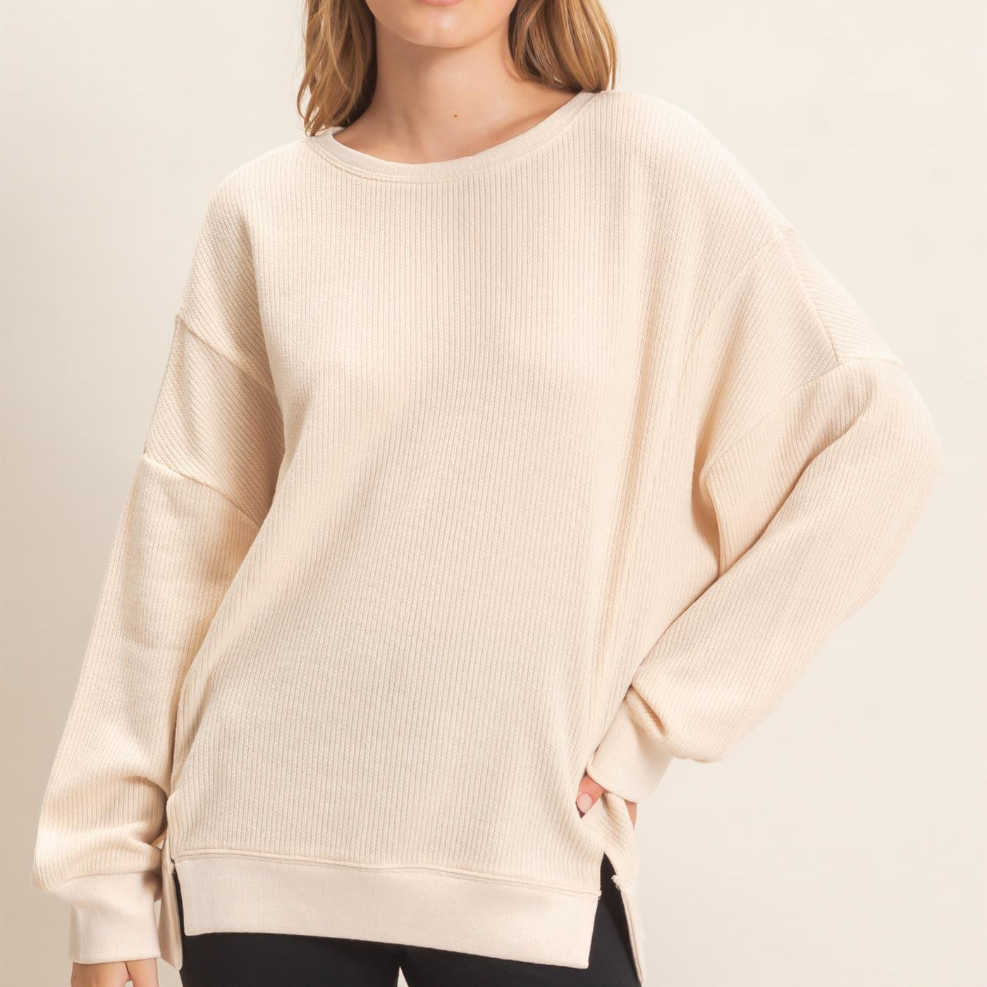 Wholesale Ribbed Boat Neck Knit Top Clothing Tops HF26E852 CREAM HYFVE