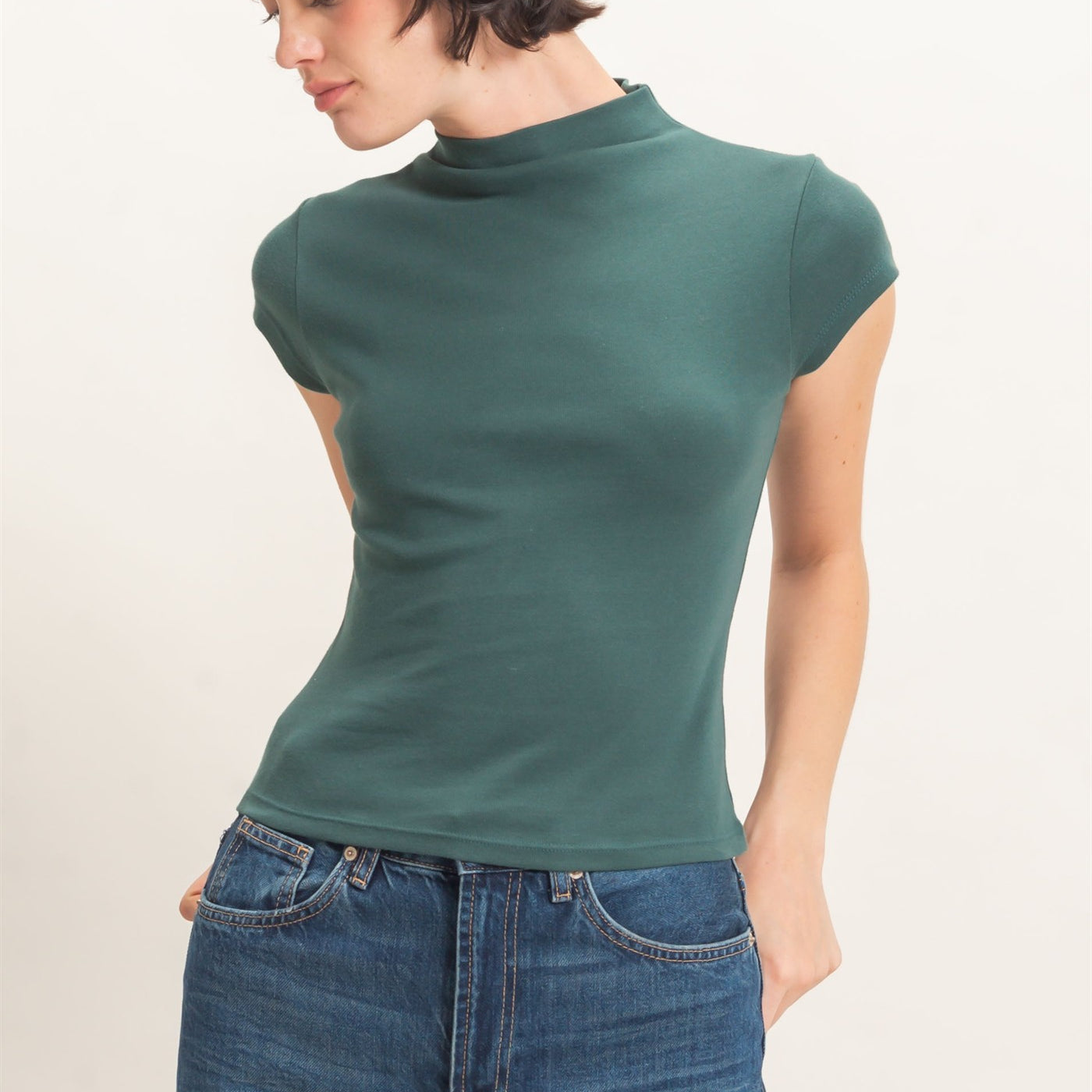 Wholesale Mock Neck Cap Sleeve Top Clothing Tops DZ26E323 DARK GREEN DOUBLE ZERO