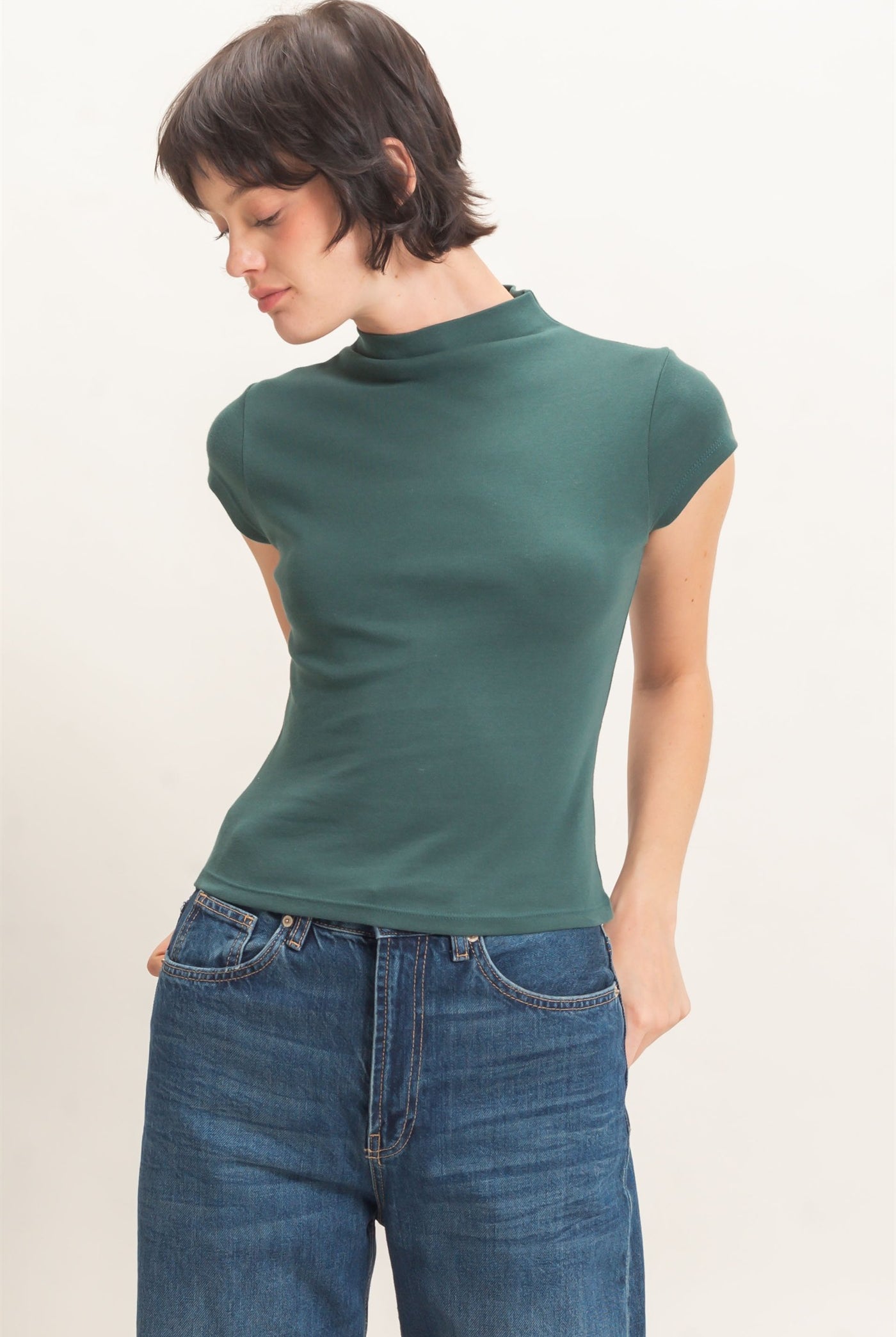 Wholesale Mock Neck Cap Sleeve Top Clothing Tops DZ26E323 DARK GREEN DOUBLE ZERO