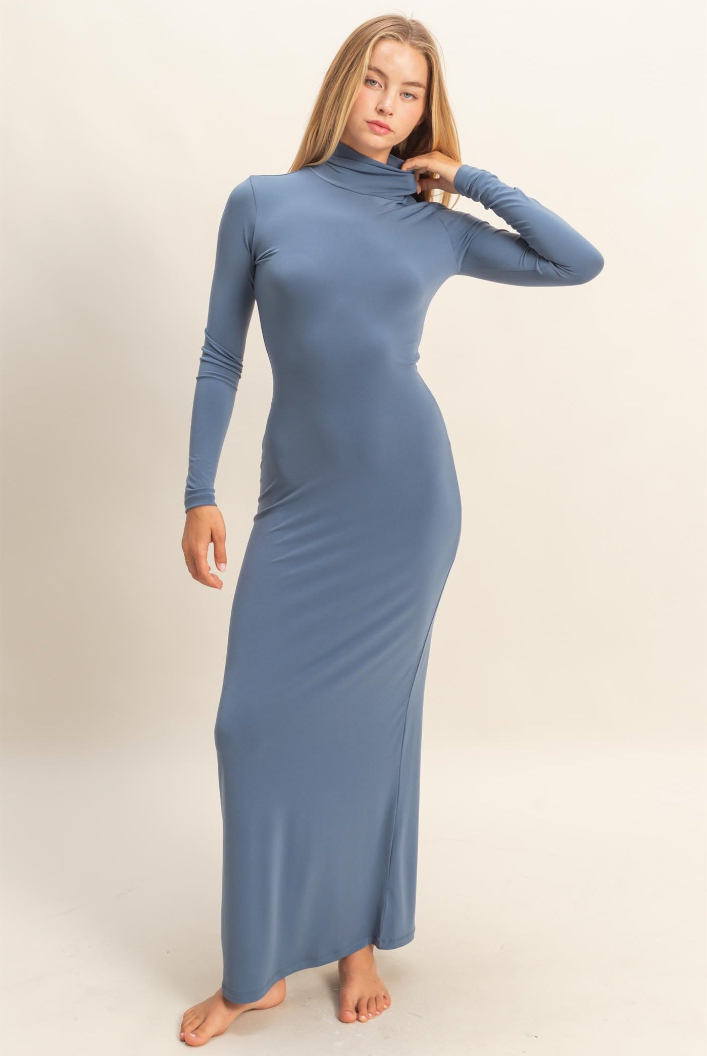 Wholesale Turtleneck Long Sleeve Maxi Dress Dresses DZ25F129 DUSTY NAVY DOUBLE ZERO