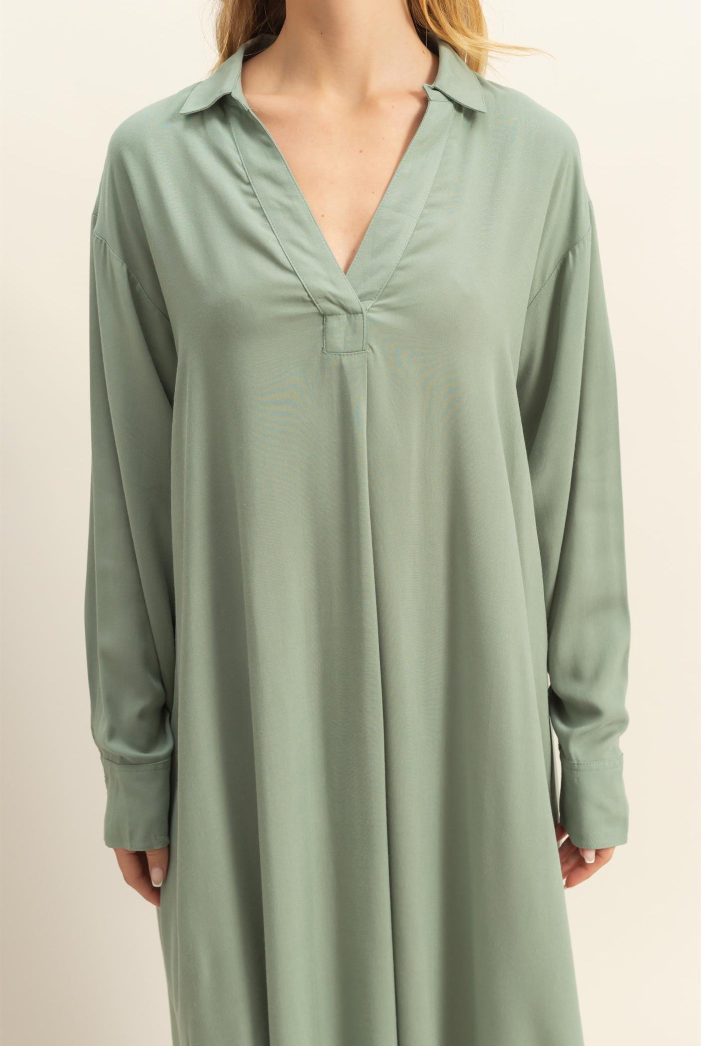 Wholesale V-Neck Long Sleeved Midi Shirts Dress Dresses DZ24E706 SAGE GREEN DOUBLE ZERO