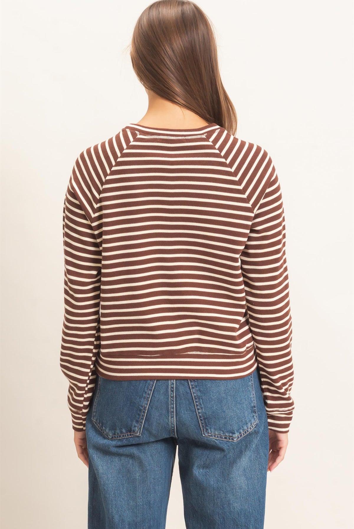 Wholesale Striped Waffle Knit Raglan Top Clothing Tops DZ26E450 DARK BROWN DOUBLE ZERO