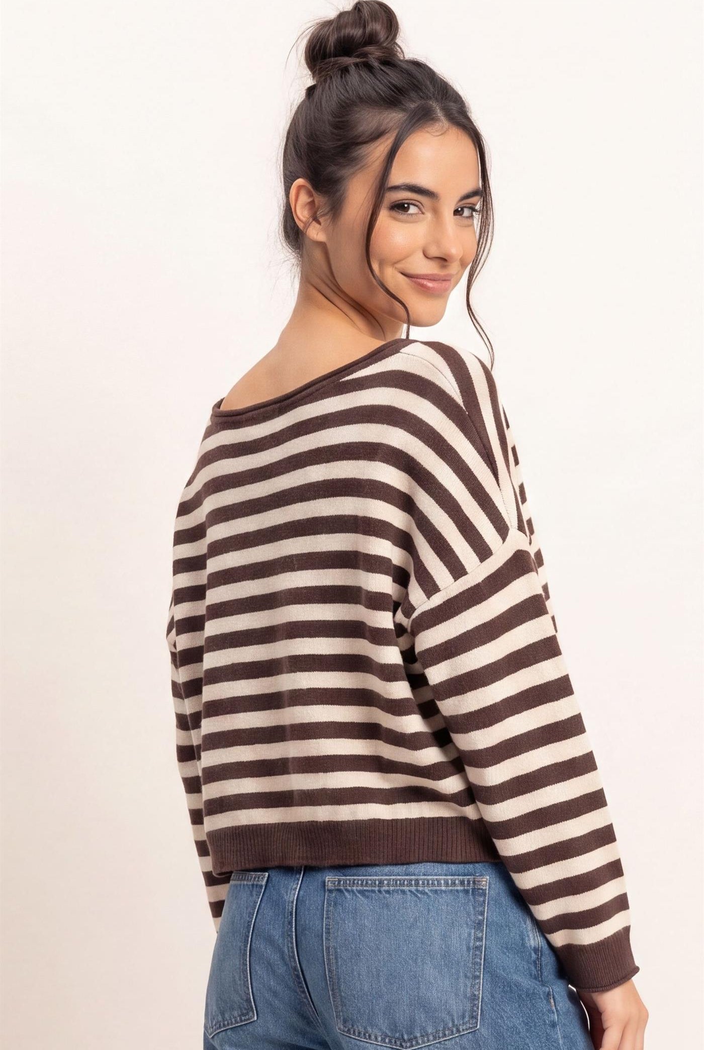 Wholesale Off The Shoulder Striped Sweater Sweaters DZ26E653 DARK BROWN DOUBLE ZERO