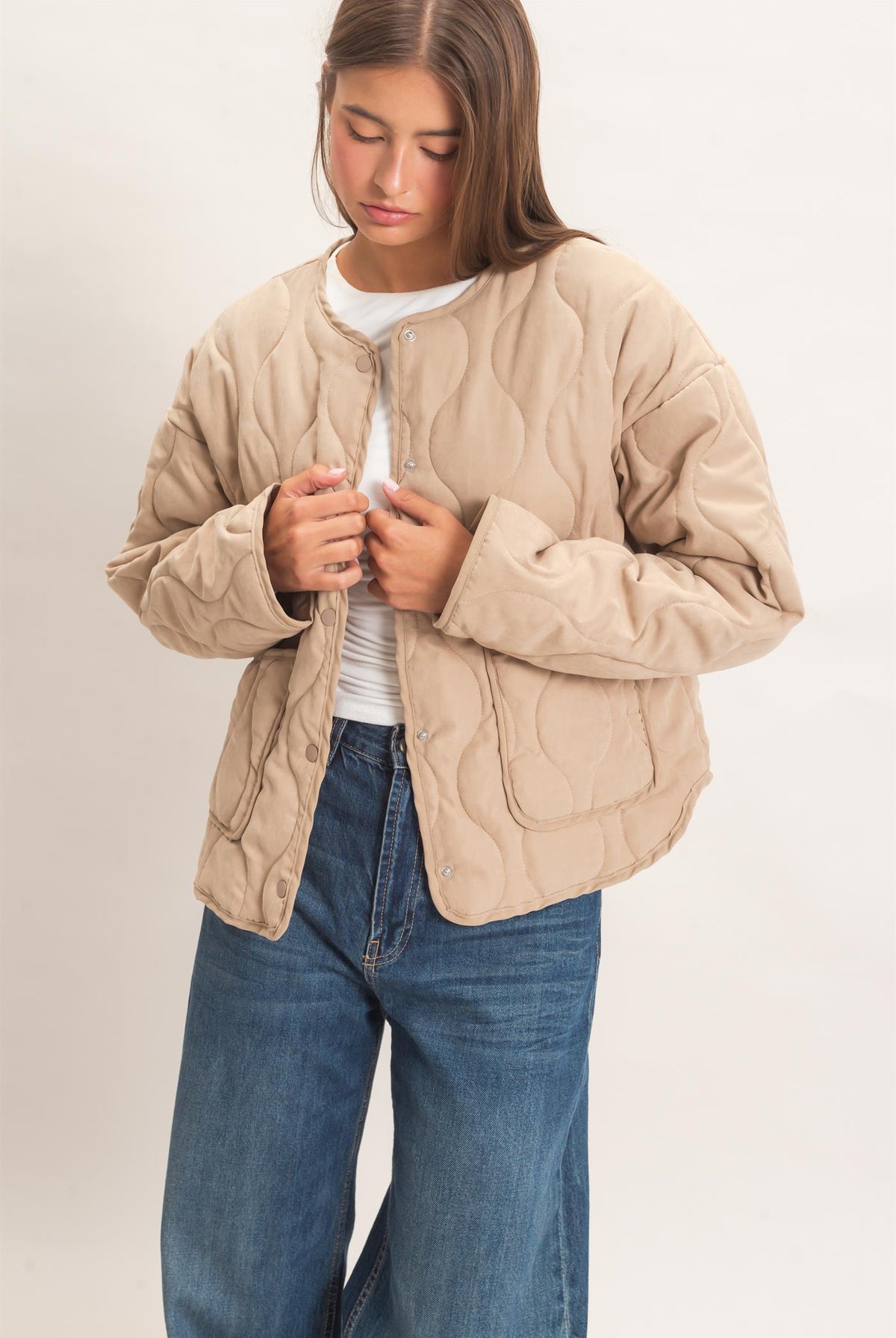 Wholesale Quilted Button Front Jacket Coats & Jackets DZ26F254 TAUPE DOUBLE ZERO