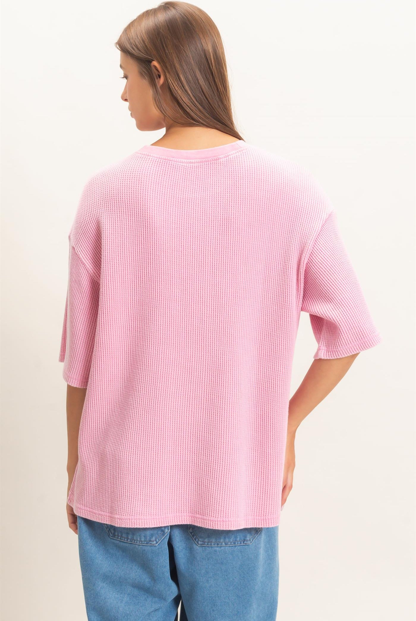 Wholesale Mineral Wash Waffle Crew Neck Short Sleeve Top Clothing Tops DZ26E328 PINK DOUBLE ZERO