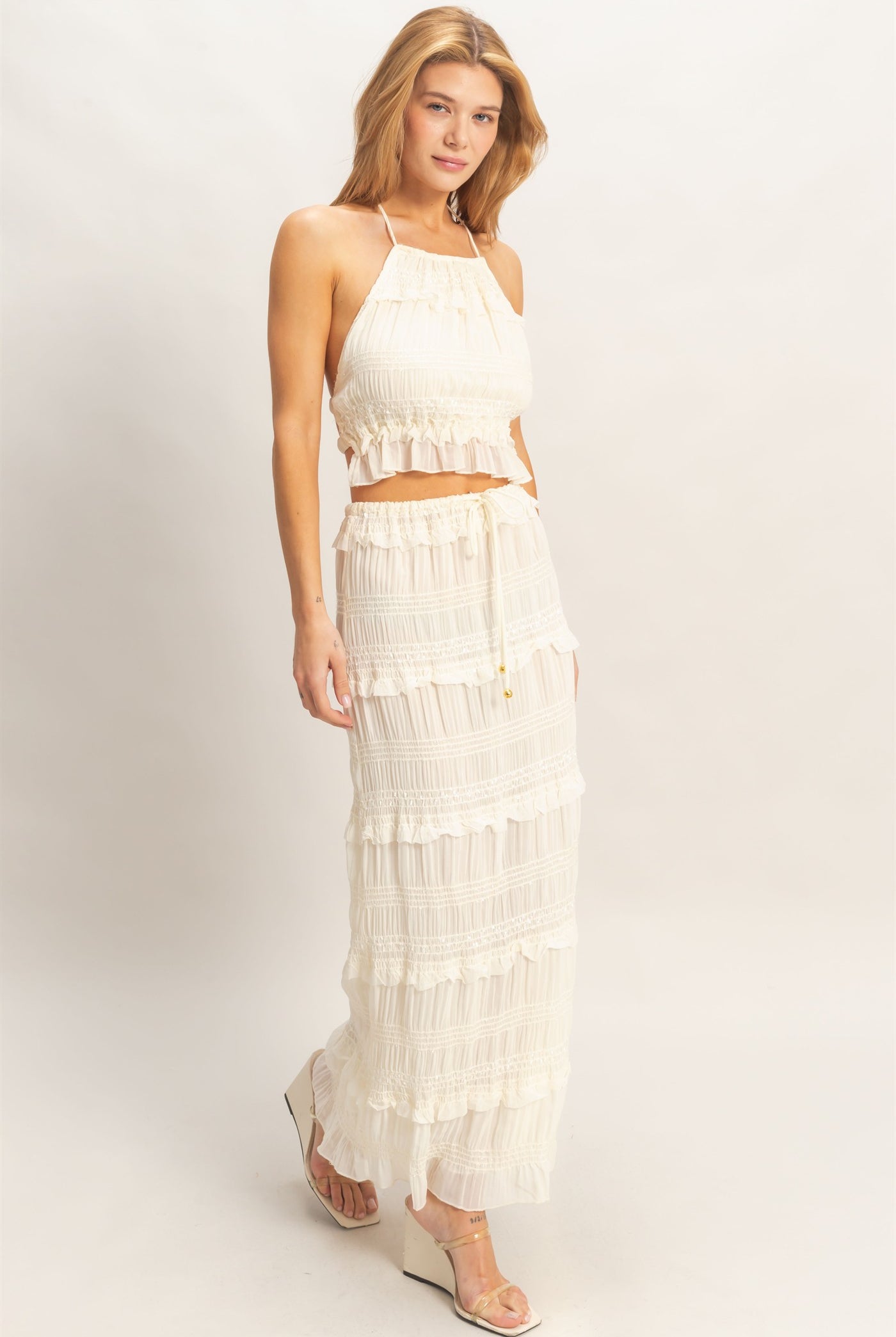 Wholesale Tiered Ruffle Midi Skirt Skirts HF25E833 CREAM HYFVE