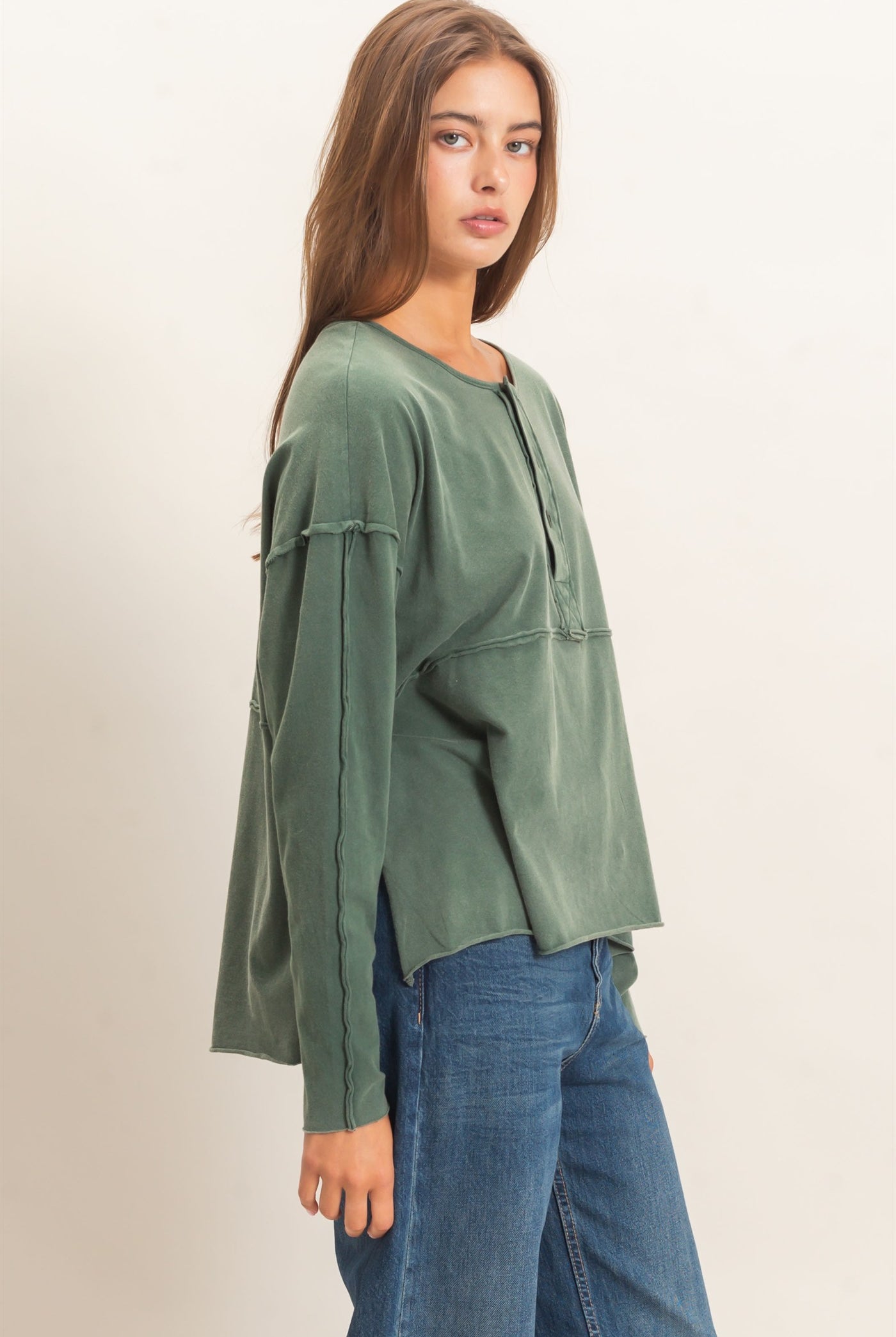 Wholesale Oversized Henley Top With Raw Edges Clothing Tops DZ26F128 DARK GREEN DOUBLE ZERO