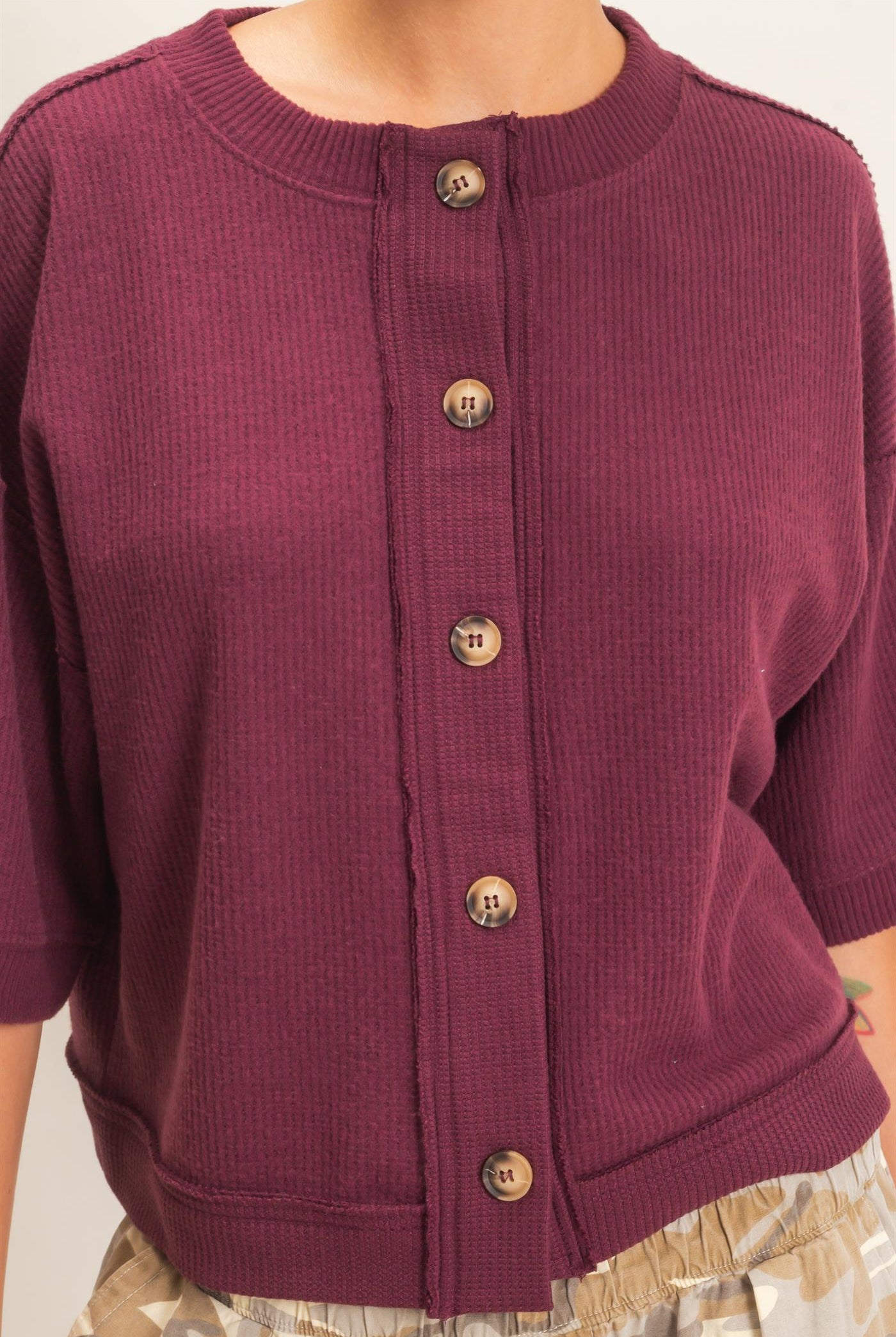 Wholesale Button-Down Short Sleeve Waffle Top Clothing Tops DZ26F244 DARK CHERRY DOUBLE ZERO