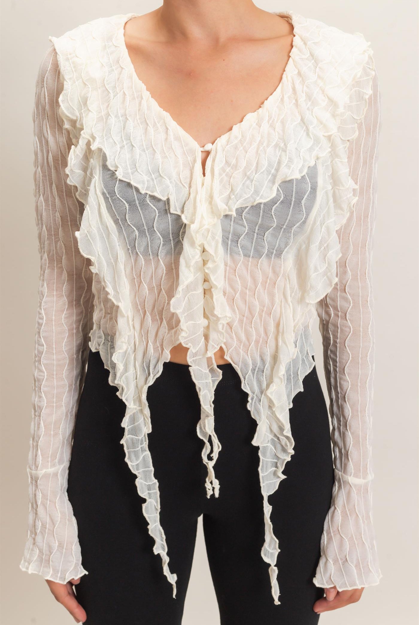Wholesale Textured V-Neck Tie Front Top Blouses HF26F072 IVORY HYFVE