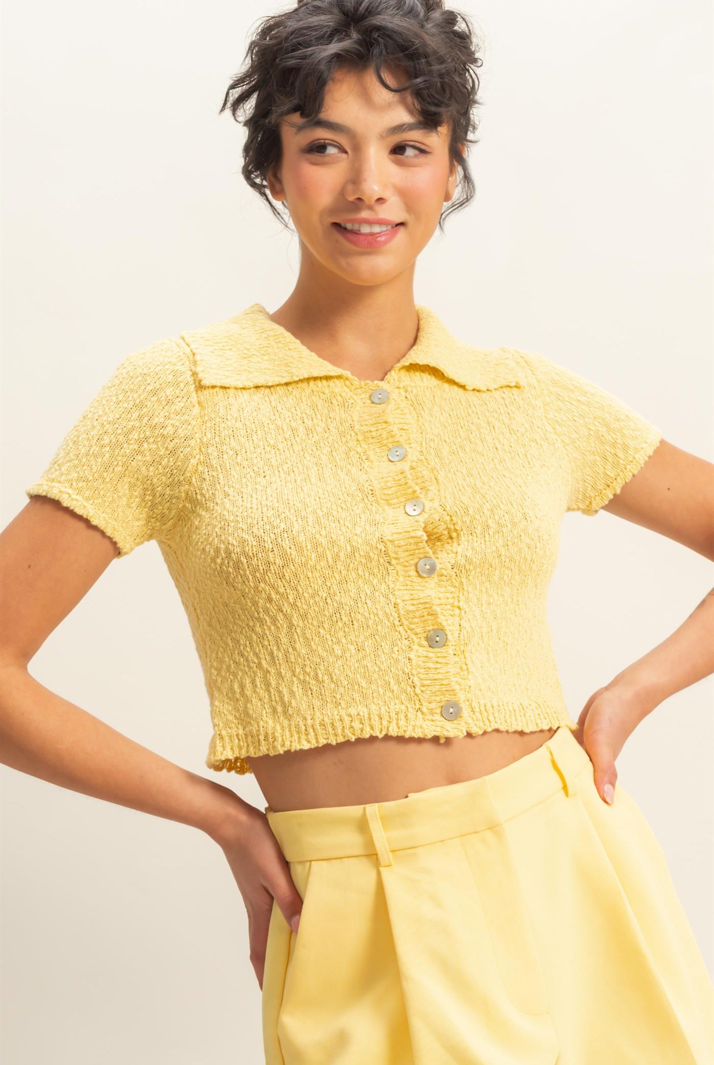 Wholesale Everyday Button-Front Crop Sweater Top Clothing Tops DZ25C171 CREAMY YELLOW DOUBLE ZERO