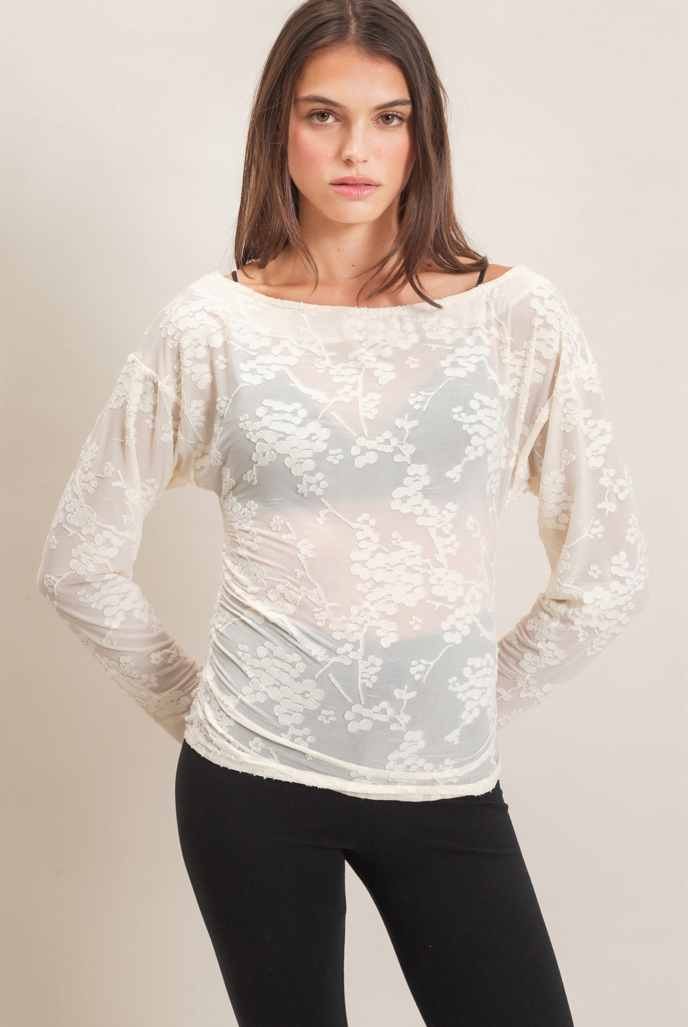 Wholesale Sheer Lace Boat Neck Top Blouses HF26E761 IVORY HYFVE