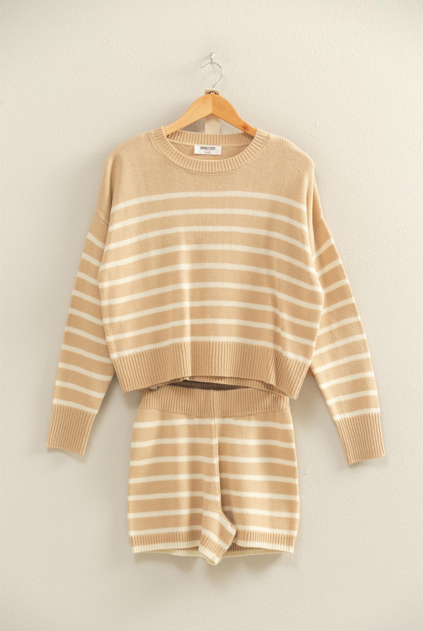 Wholesale Striped Knit Sweater And Shorts Set Clothing DZ25E141-SET TAUPE/CREAM DOUBLE ZERO