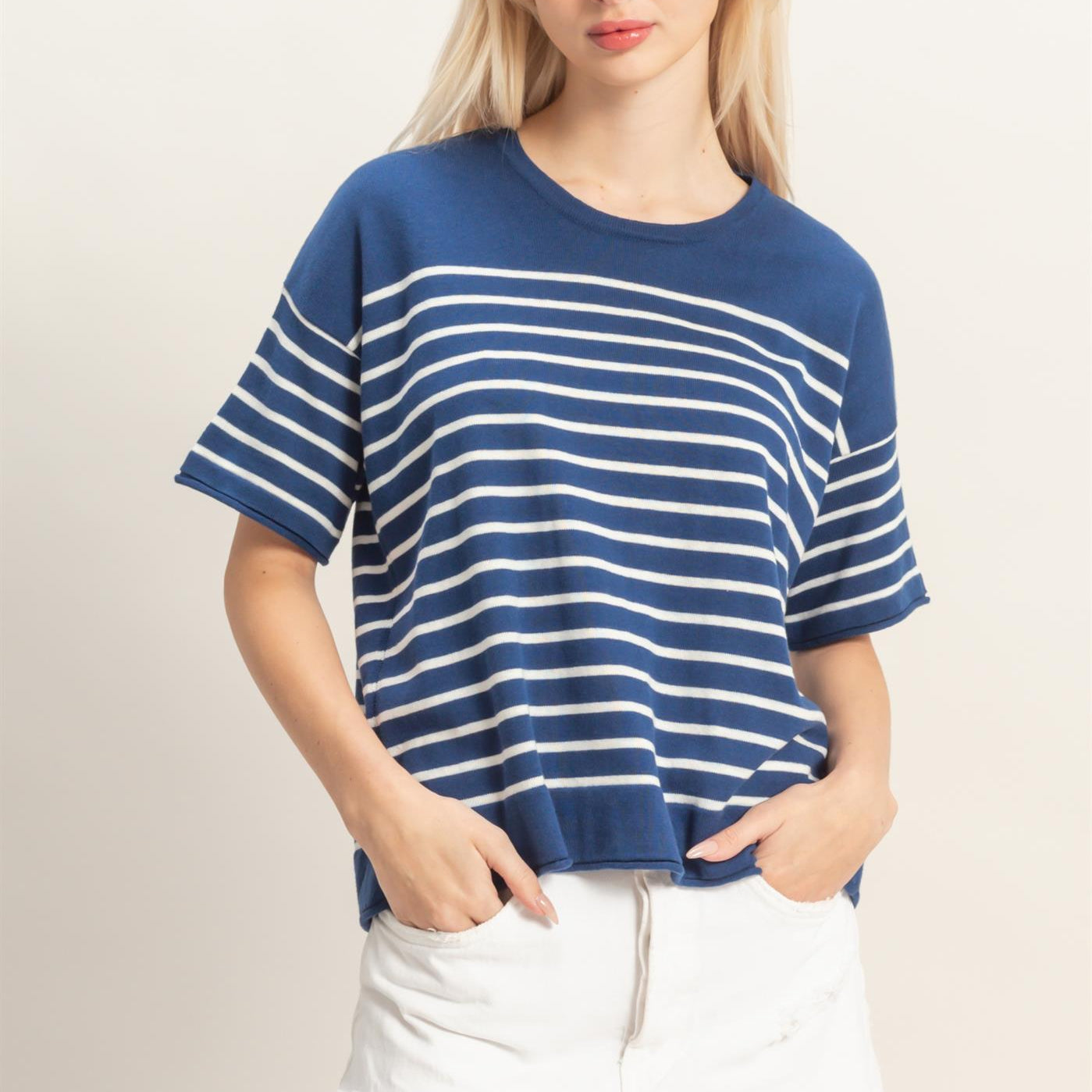 Wholesale Striped Short Sleeve Knit Top Clothing Tops DZ26A838 NAVY DOUBLE ZERO