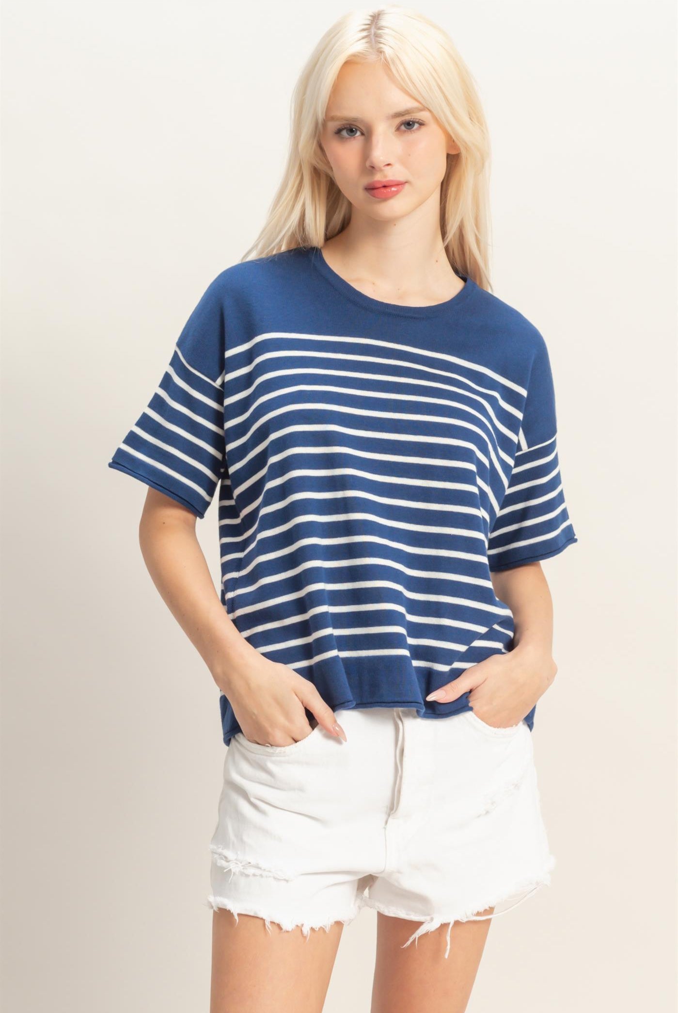 Wholesale Striped Short Sleeve Knit Top Clothing Tops DZ26A838 NAVY DOUBLE ZERO