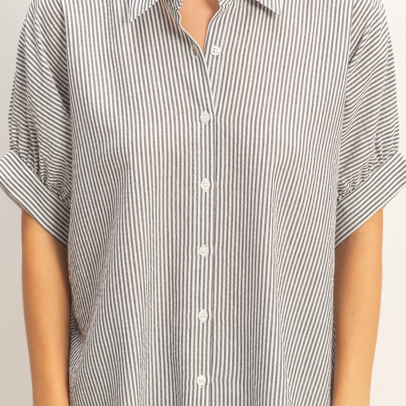 Wholesale Striped Short Sleeve Button-Front Blouse T-Shirts DZ26C276 BLACK DOUBLE ZERO