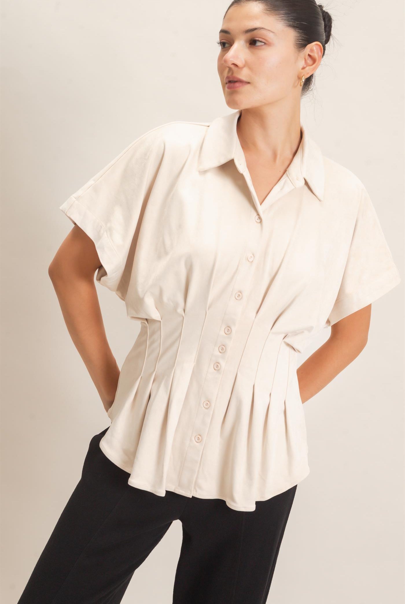 Wholesale Suede Button-Down Blouse Blouses HF26E651 CREAM HYFVE