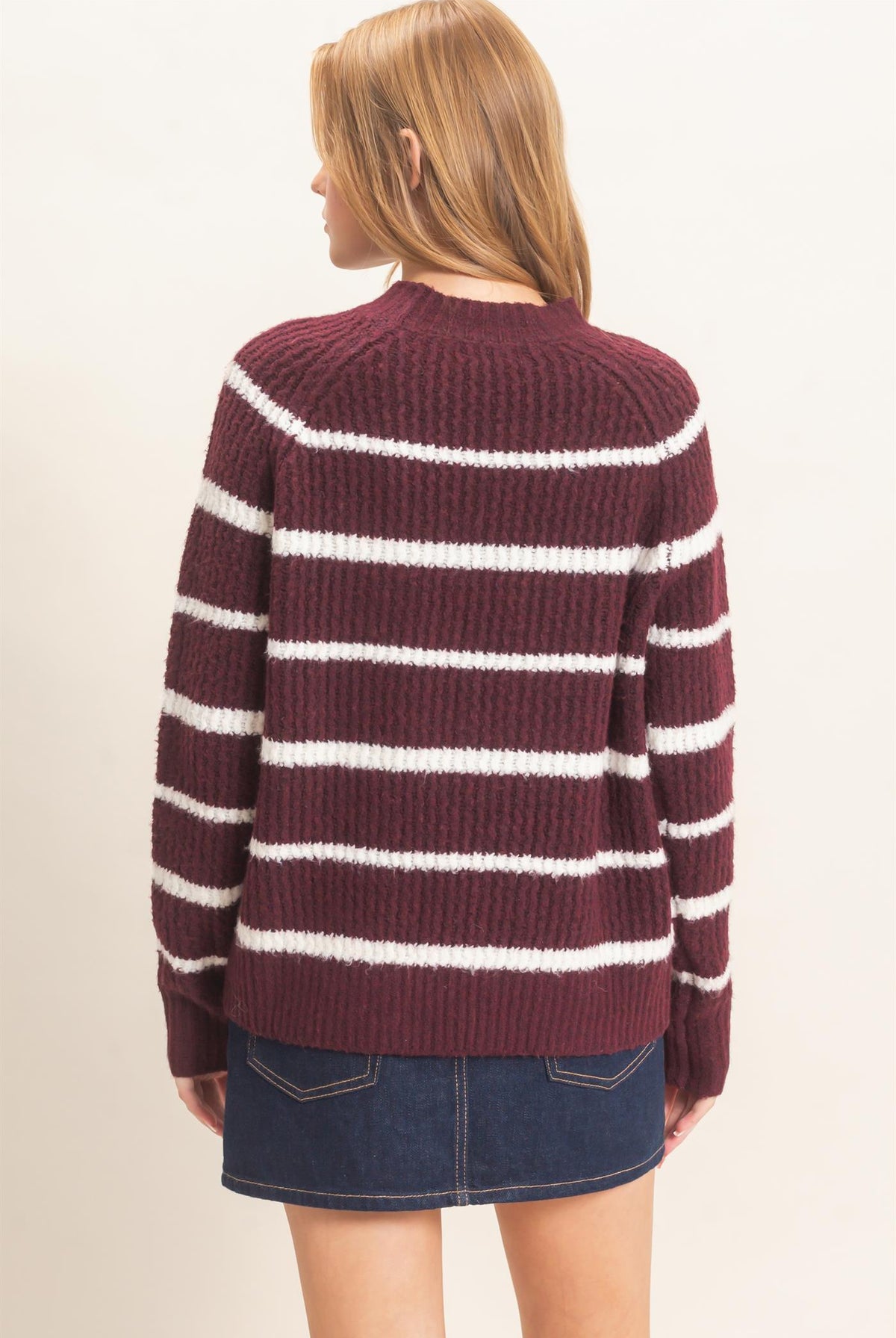 Wholesale Textured Striped Mock Neck Sweater Sweaters HF26E765 WINE HYFVE