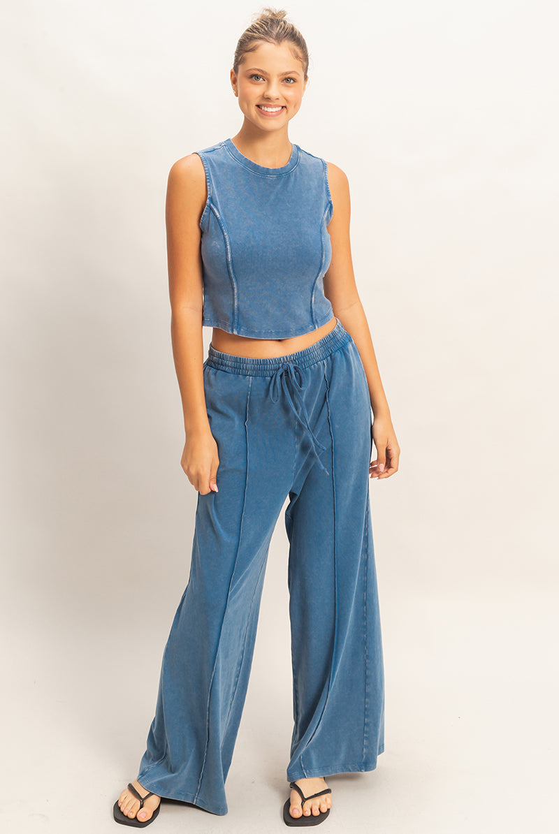 Wholesale Mineral Washed Sleeveless Top & Wide Leg Pants Set Clothing DZ26A371-SET NAVY DOUBLE ZERO