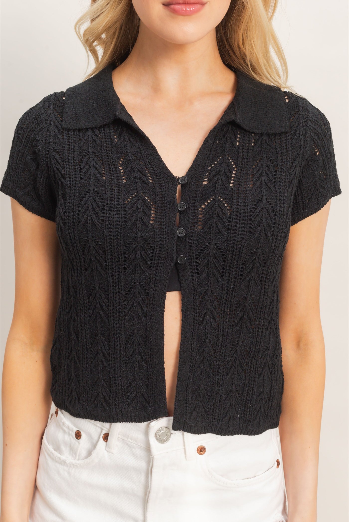 Wholesale Pointelle Knit Collared Cardigan Clothing Tops HF26A856 BLACK HYFVE