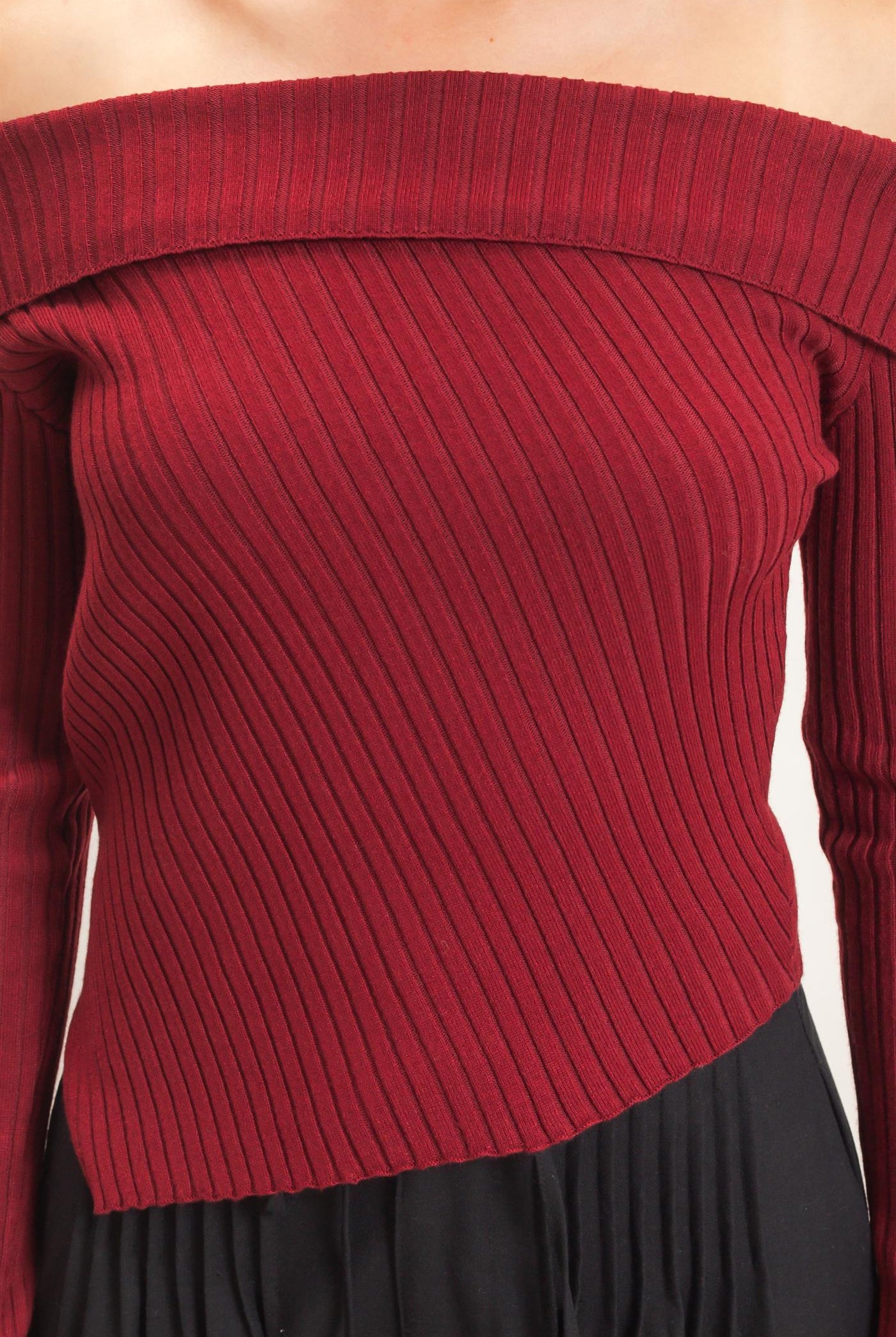 Wholesale Ribbed Off-Shoulder Sweater Sweaters HF26E937 BURGUNDY HYFVE