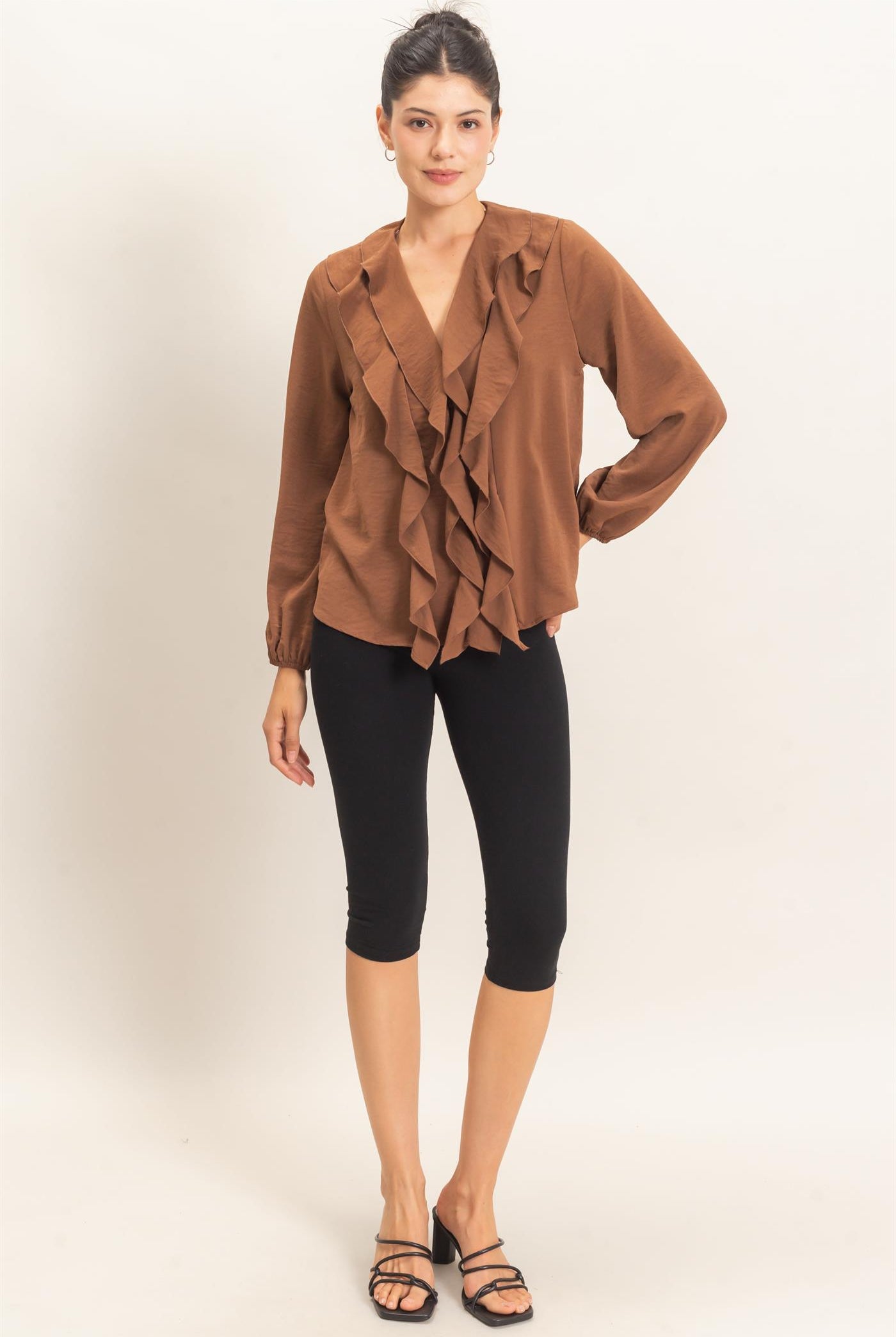 Wholesale Ruffled V-Neck Button-Up Blouse Blouses HF26C739 BROWN HYFVE