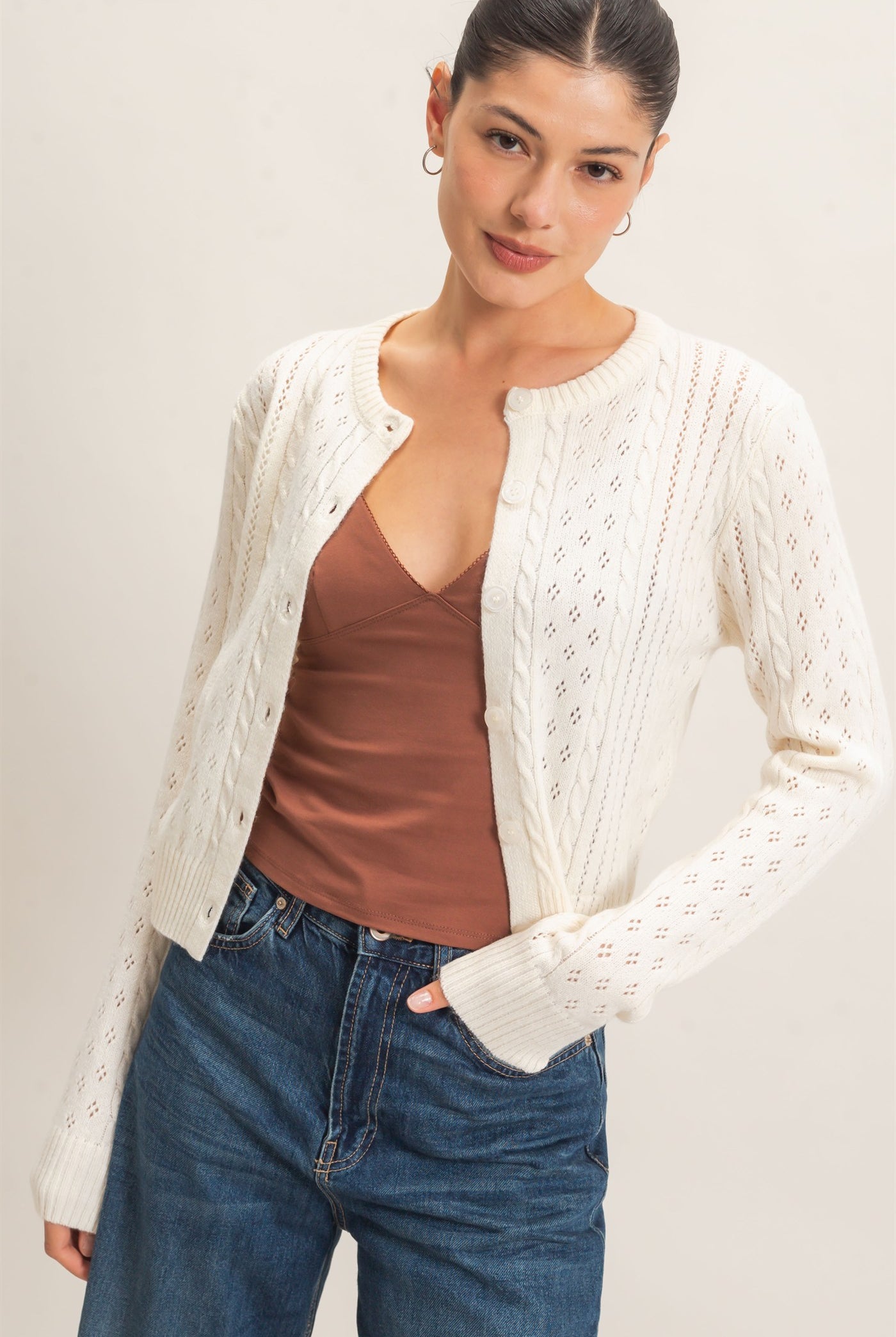 Wholesale Cable Knit Cardigan Cardigans HF26E150 WARM CREAM HYFVE