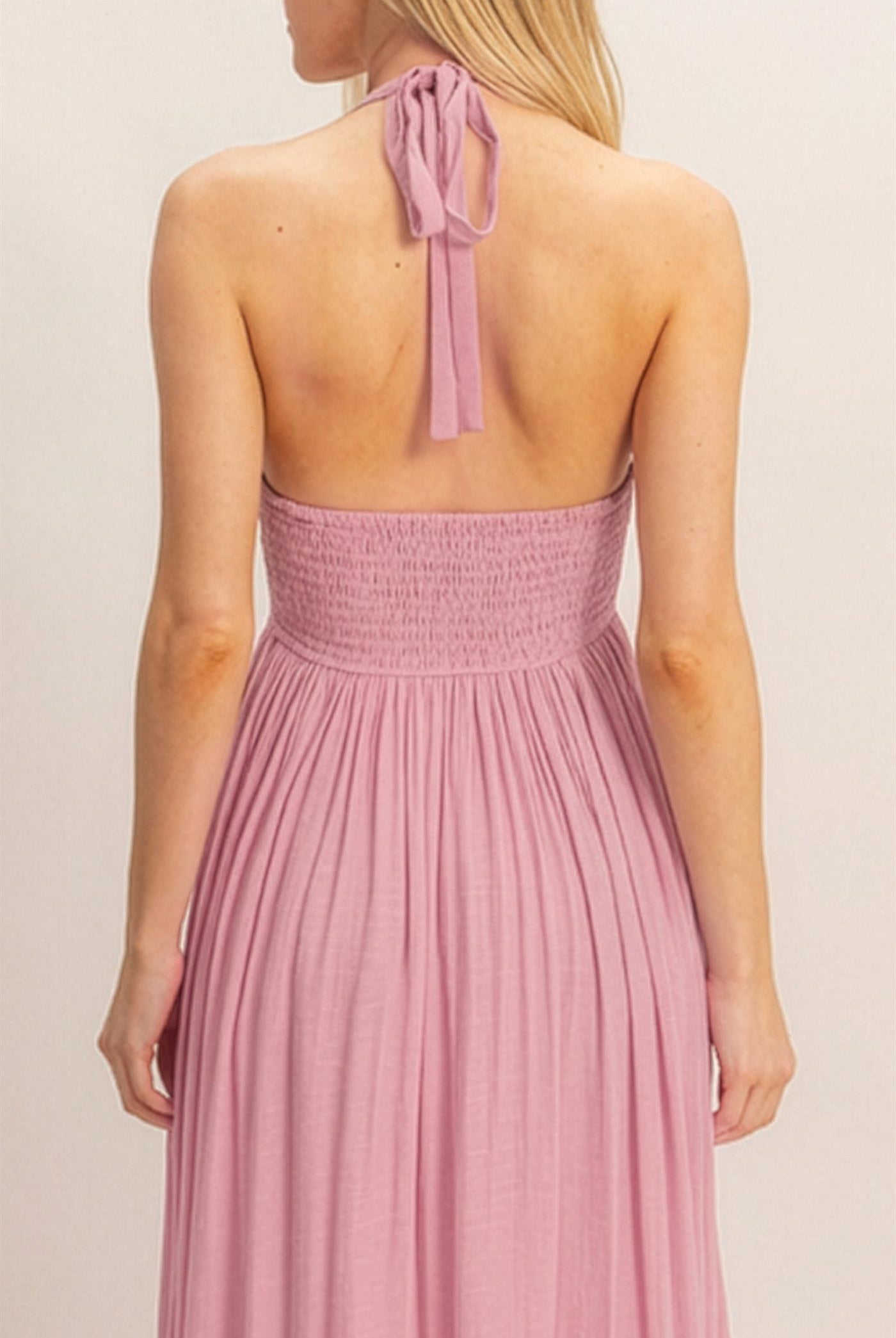 Wholesale Halter Neck Smocked Maxi Dress Dresses HF26C287-D PINK HYFVE