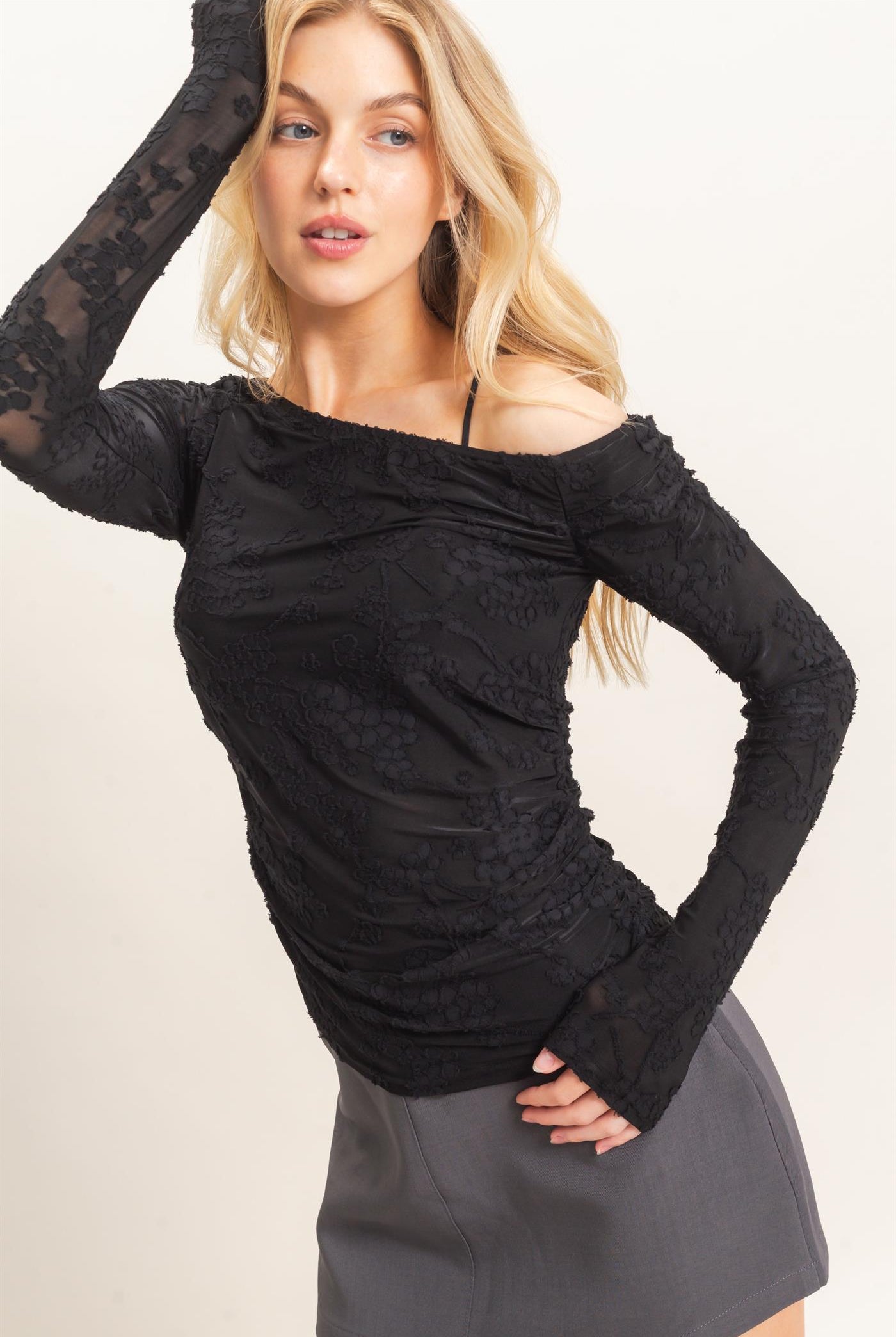 Wholesale Textured Mesh Off-Shoulder Top Blouses HF26F043 BLACK HYFVE