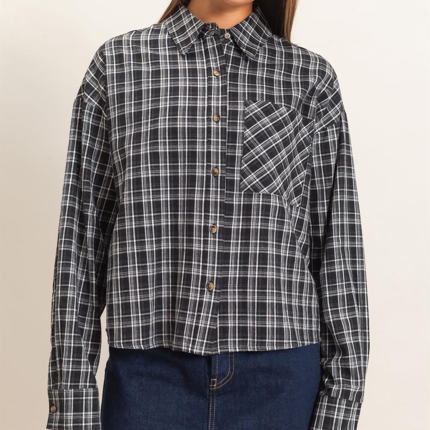 Wholesale Plaid Button-Up Shirt Clothing Tops DZ26E395 BLACK DOUBLE ZERO
