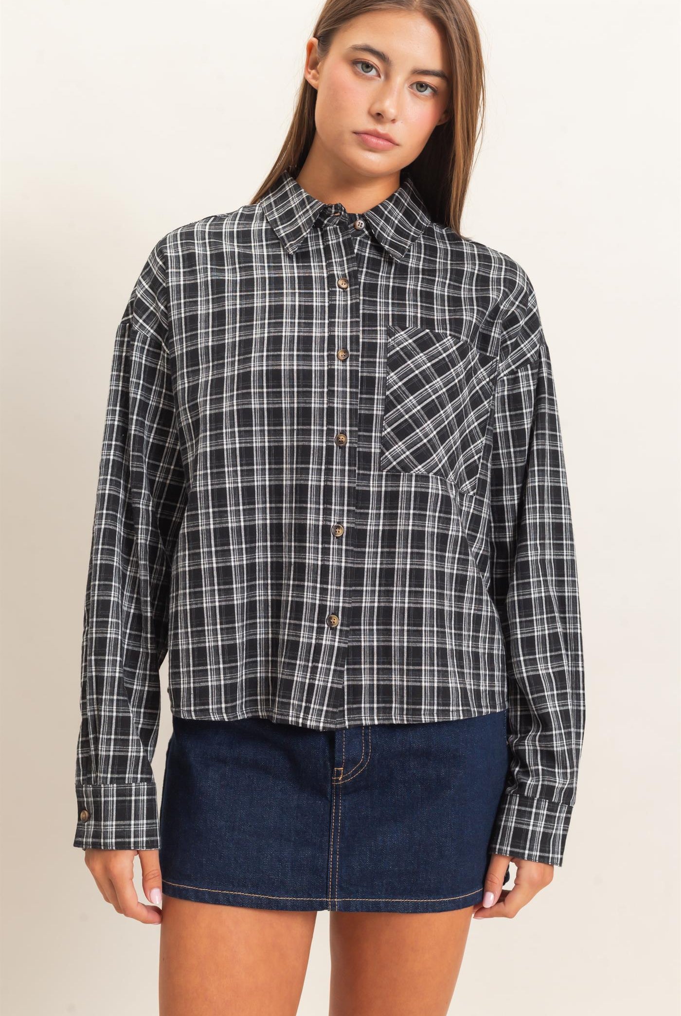 Wholesale Plaid Button-Up Shirt Clothing Tops DZ26E395 BLACK DOUBLE ZERO