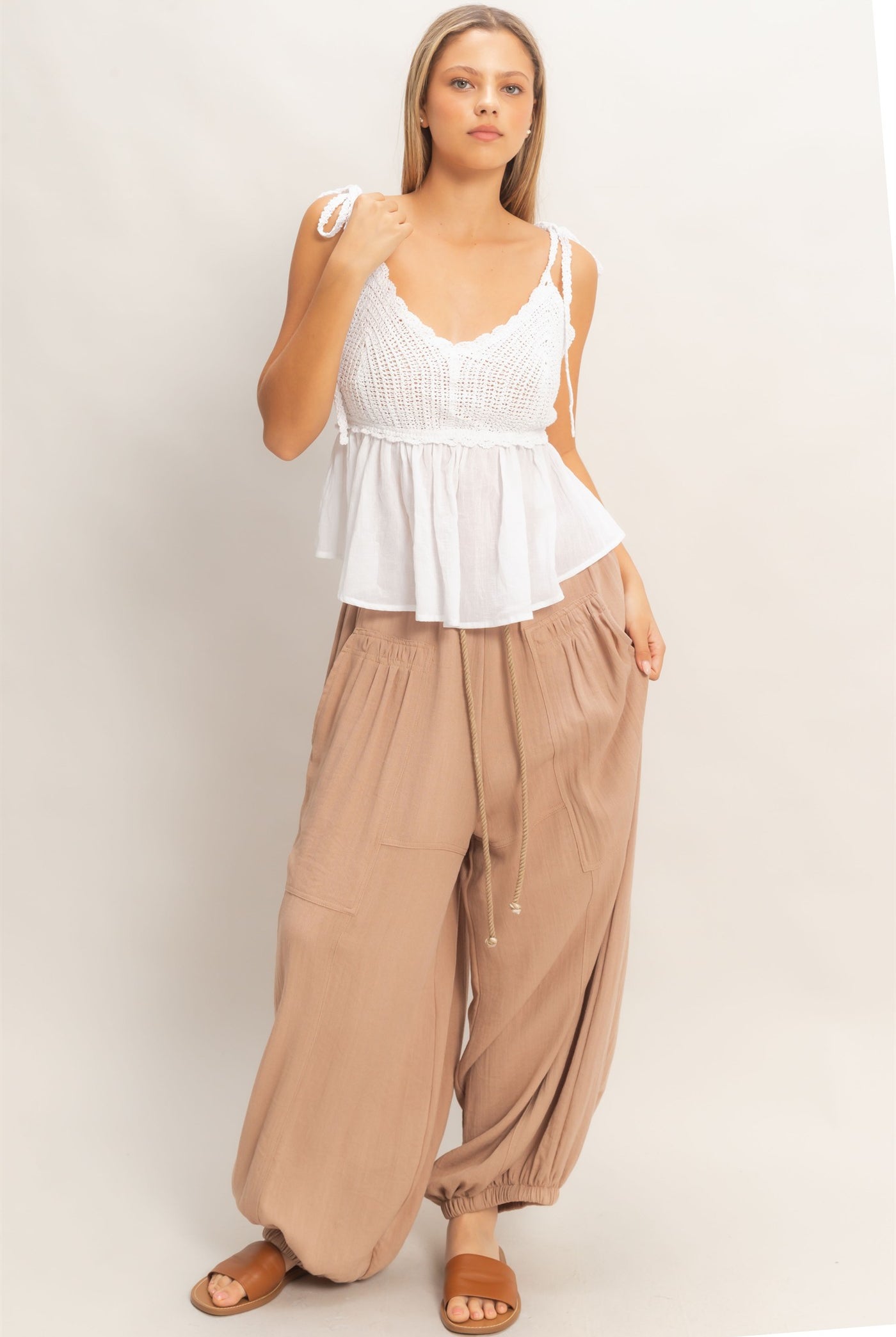 Wholesale Elastic Hem Drawstring Pants Pants HF26A905-D LIGHT BROWN HYFVE